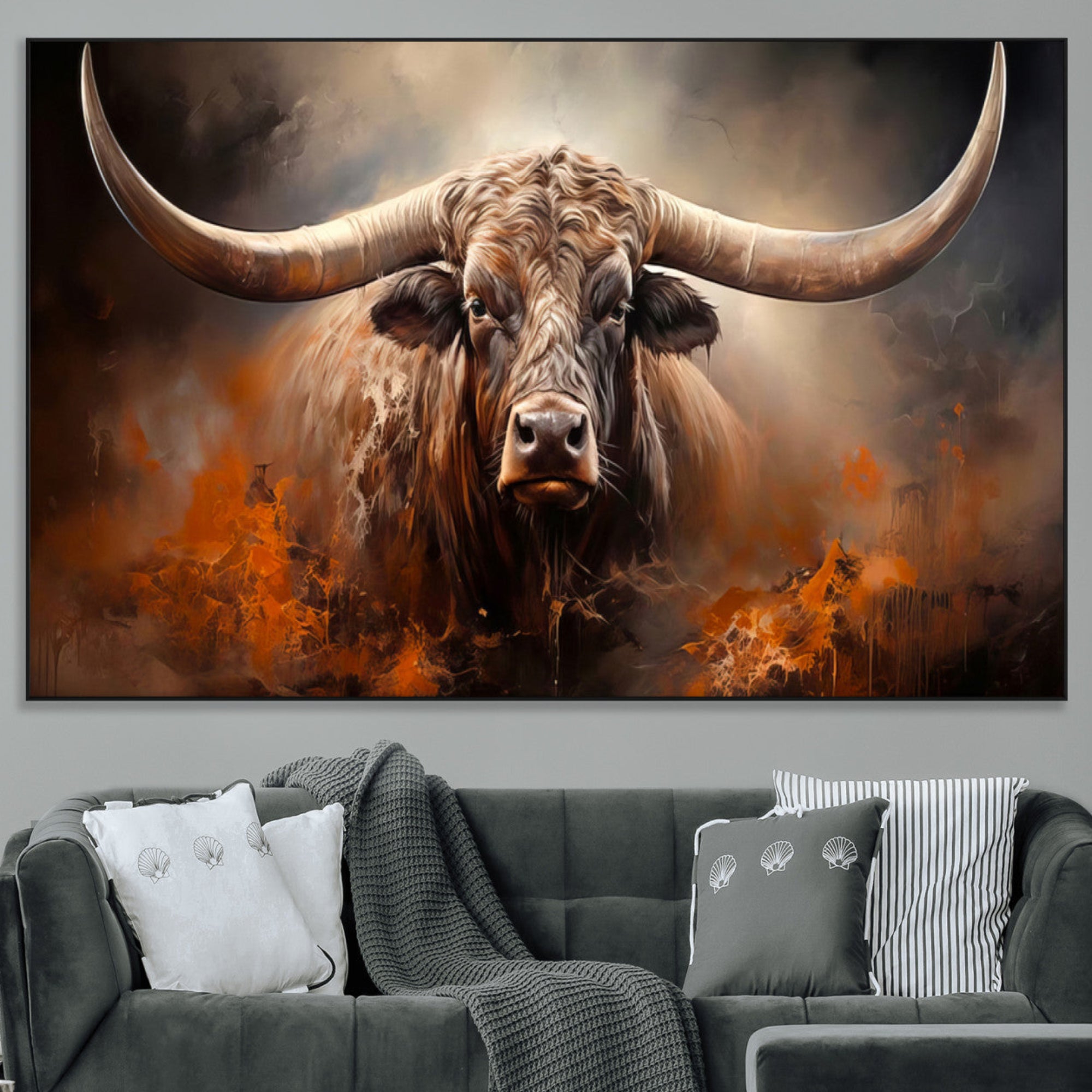 240479-MGV-CV-36X24-Highland Bull Canvas Abstract Canvas Wall Art Print – Powerful Highland Bull with Striking Horns in