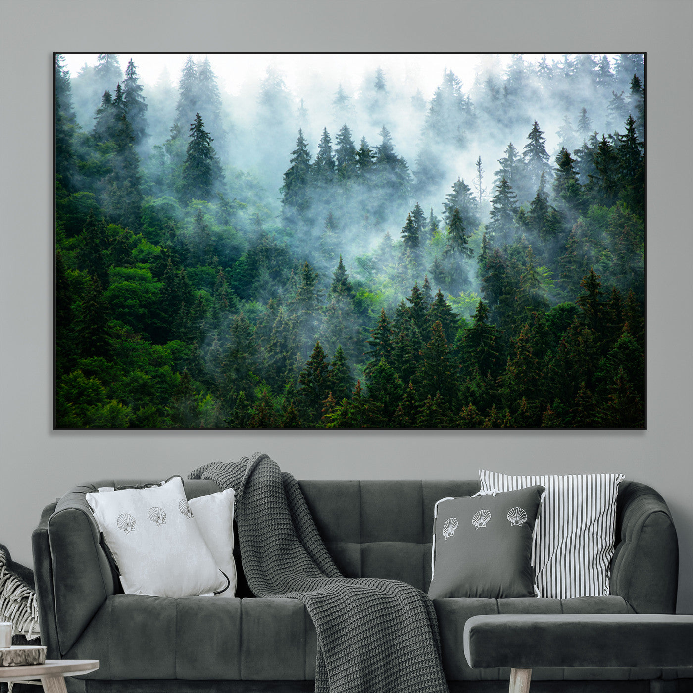 17393683-MGV-CV-36X24-Misty Forest Wall Art Canvas Print – Framed Foggy Mountain Scene with Serene Nature Artwork for Home, Office, Living Room