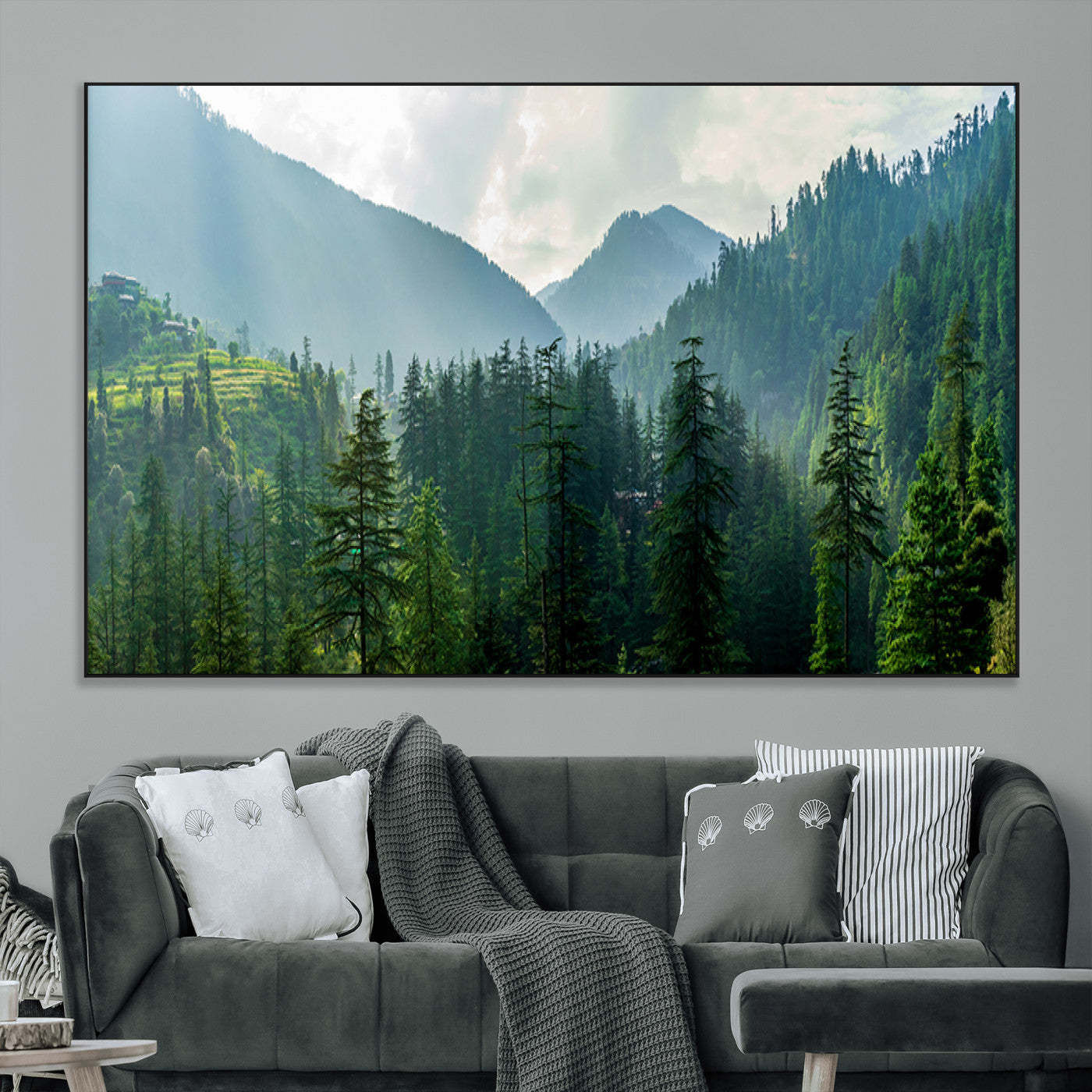 83417191-MGV-CV-36X24-Misty Forest Mountain Wall Art Canvas Print – Framed Serene Nature Scene with Tranquil Valley Artwork for Home, Office
