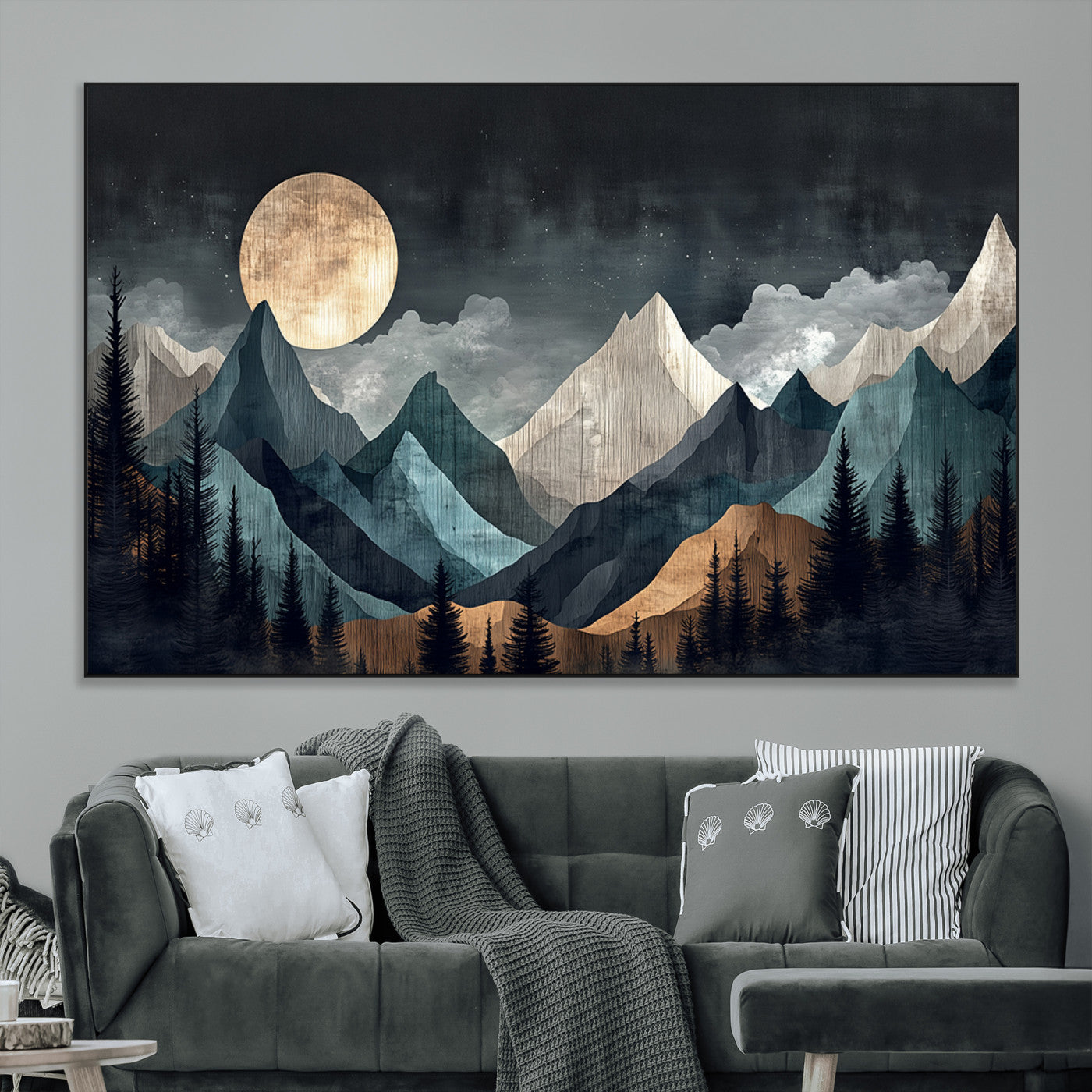 11060882-MGV-CV-36X24-Moonlit Mountain Wall Art Canvas Print – Silhouetted Pines Layered Peaks Tranquil Sky Mist Silver Light Nature Artwork for Home