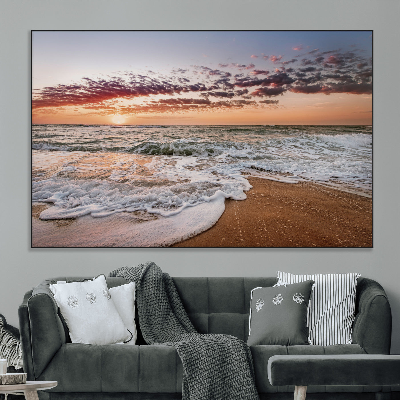 39846389-MGV-CV-36X24-Ocean Sunset Wall Art Canvas Print – Framed Sandy Shore Gentle Waves Coastal Landscape Minimalist Artwork for Home, Office