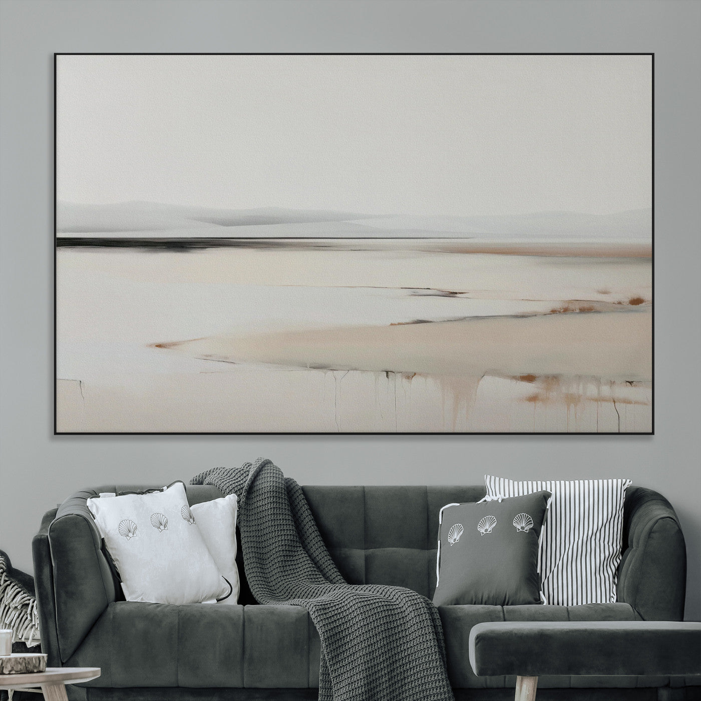 89410095-MGV-CV-36X24-Minimalist Landscape Wall Art Canvas Print – Framed Soft Horizon Abstract Seascape Earthy Tones Artwork for Home Office