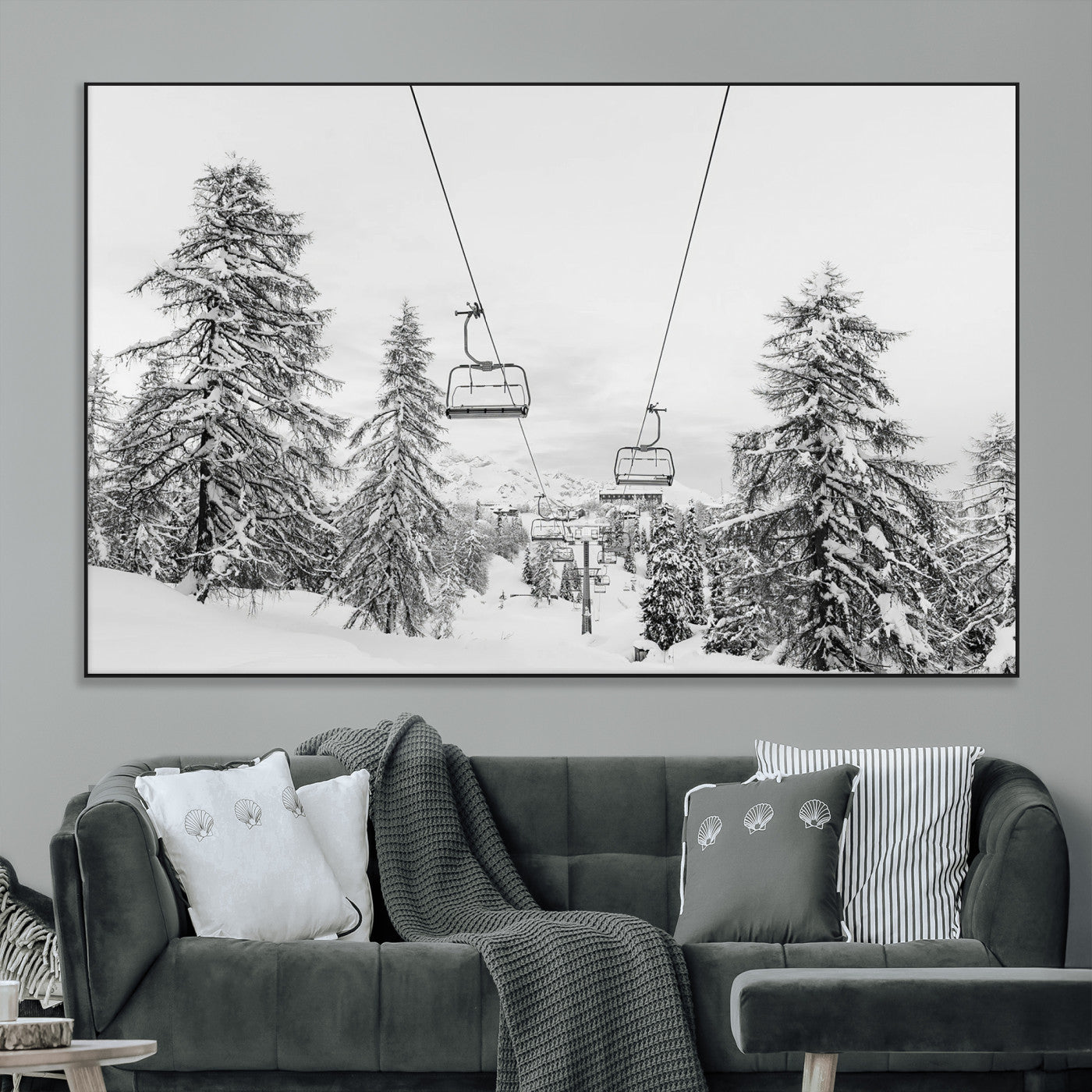 55003599-MGV-CV-36X24-Ski Lift Wall Art – Framed Snowy Mountain Canvas Artwork, Winter Forest Design, Minimal Nature Decor for Home, Office
