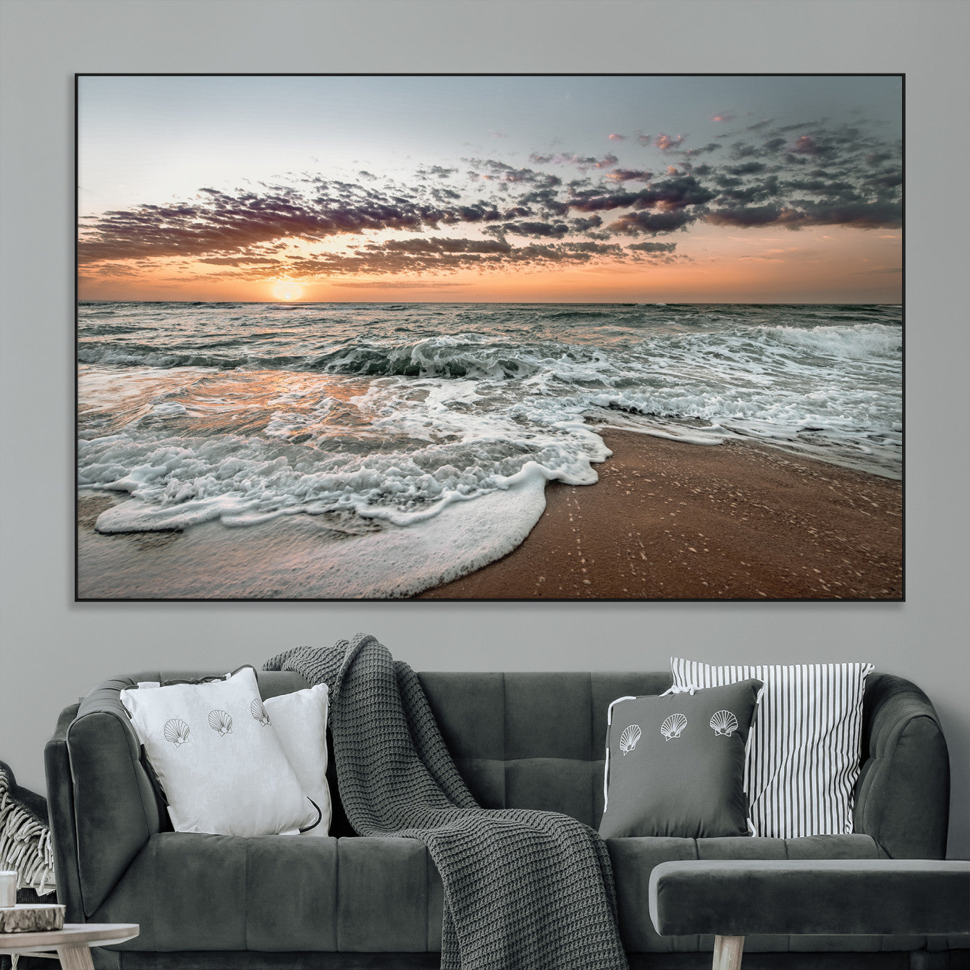 40632752-MGV-CV-36X24-Ocean Sunset Wall Art Canvas Print – Framed Beach Waves Scene with Coastal Artwork for Home, Office, Living Room