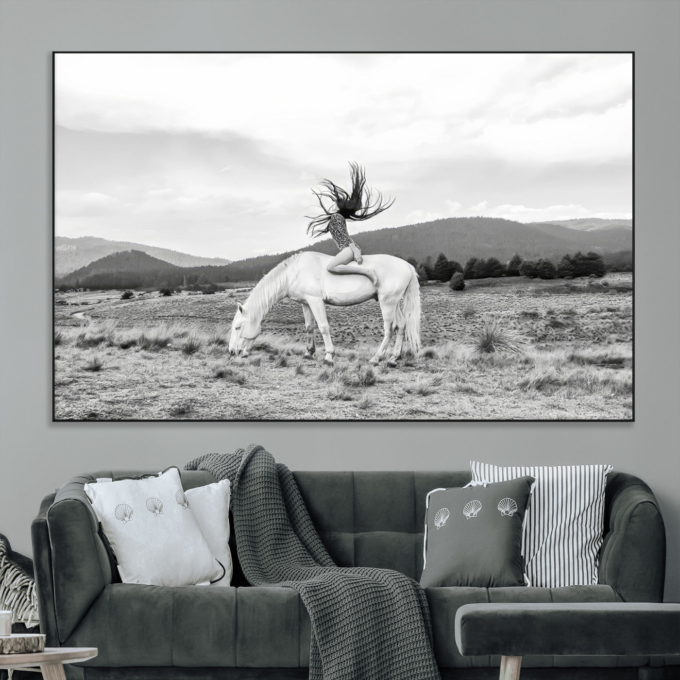 62789800-MGV-CV-36X24-White Horse Wall Art Canvas Print – Framed Woman Rider Equestrian Pose Western Boho Elegant Artwork for Home Office