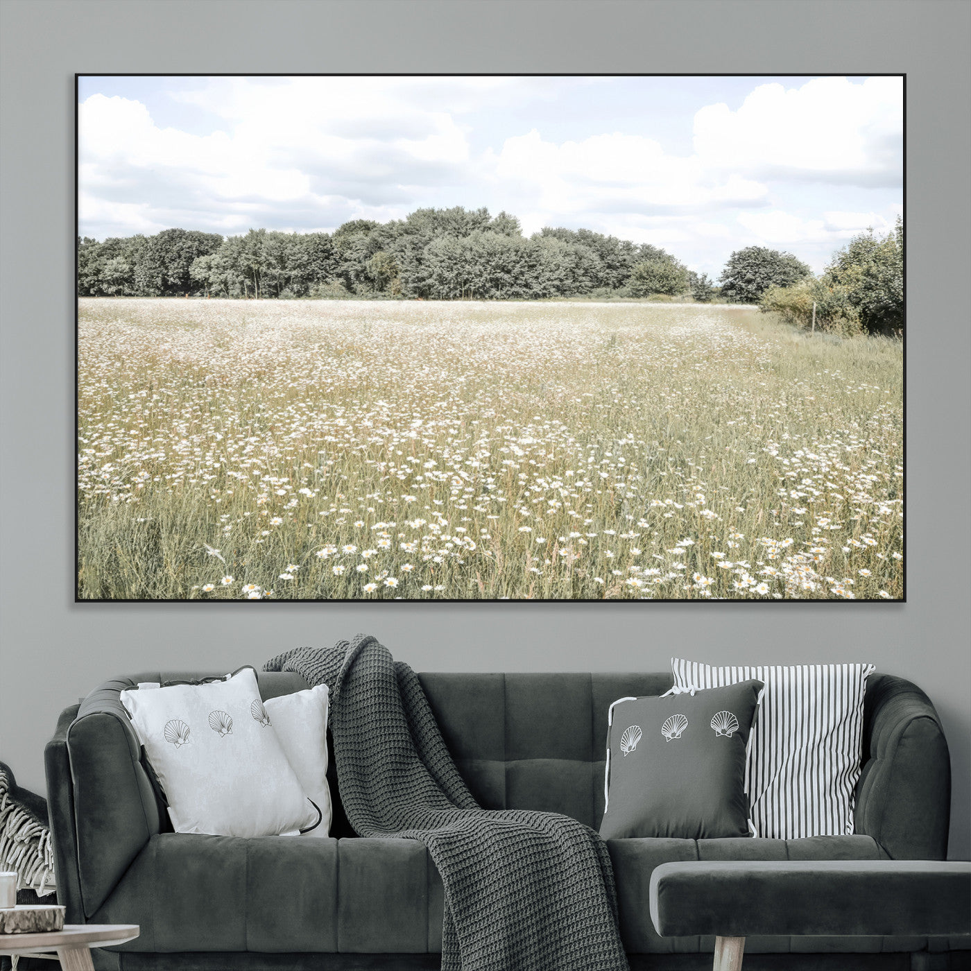 43258946-MGV-CV-36X24-Charming Daisy Field Wall Art Canvas Print – Framed Pastel Flower Meadow Bloom Scandinavian Minimal Artwork for Home Office