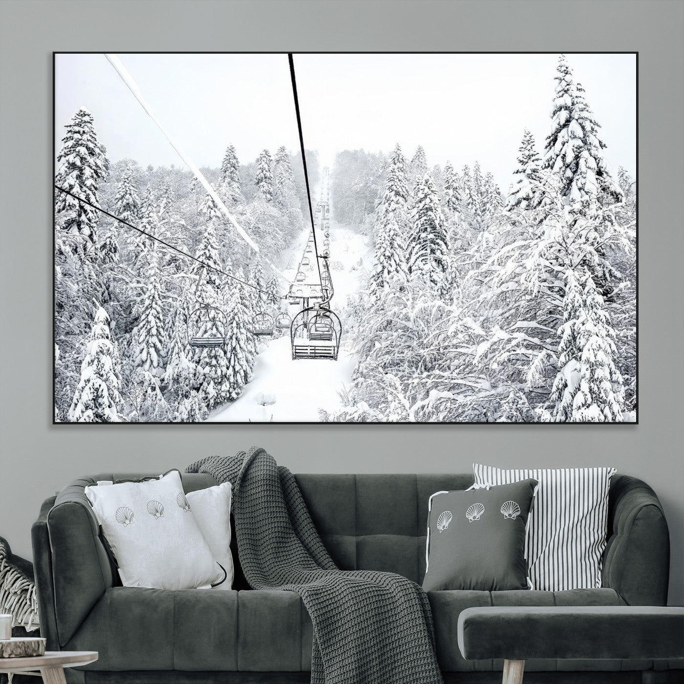 44705668-MGV-CV-36X24-Snowy Ski Lift Wall Art – Framed Winter Mountain Canvas Artwork, Serene Forest Design, Modern Nature Decor for Home, Office