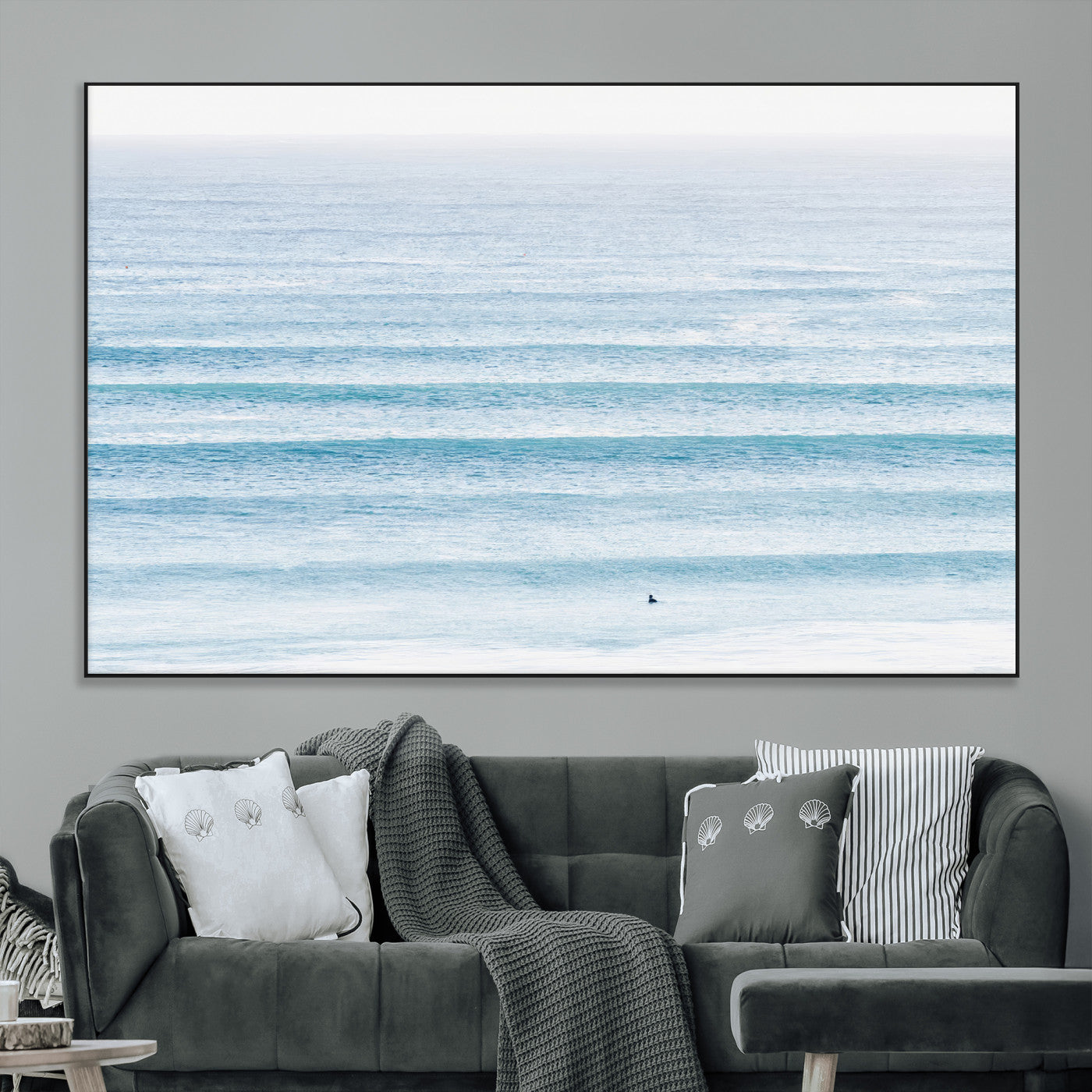 SEG-FC-51X34_Oversize - Ocean Simplicity Wall Art Canvas Print, Framed Surfer on Water Art Picture Print, Light Blue Perfect Coastal Minimalist Decor Artwork