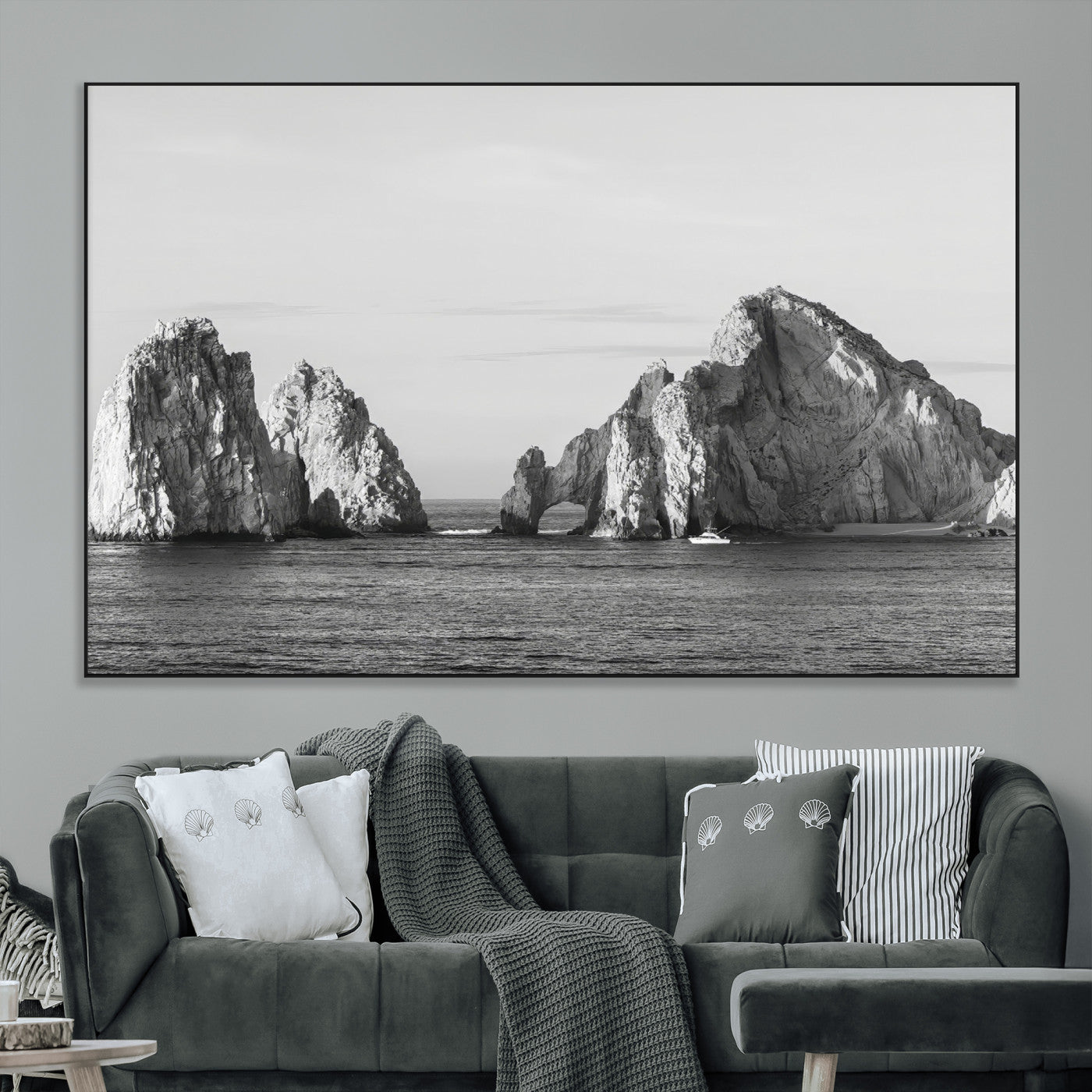 SEG-FC-51X34_Oversize - Rugged Coastline Wall Art Canvas Print, Framed Ocean Cliffs Art Picture Print, Monochrome Seascape Perfect Coastal Minimalist Decor Artwork