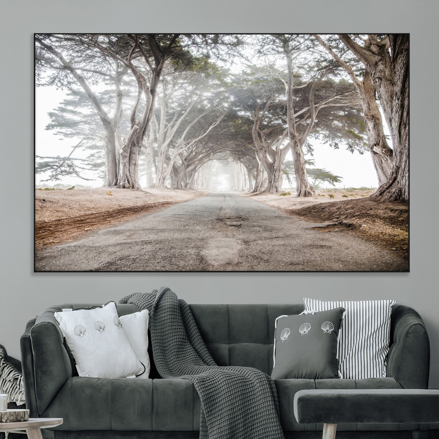 87090469-MGV-CV-36X24-Cypress Tunnel Wall Art – Framed Misty Road Canvas Artwork, Foggy Trees Design, Rustic Woodland Nature Decor for Home, Office