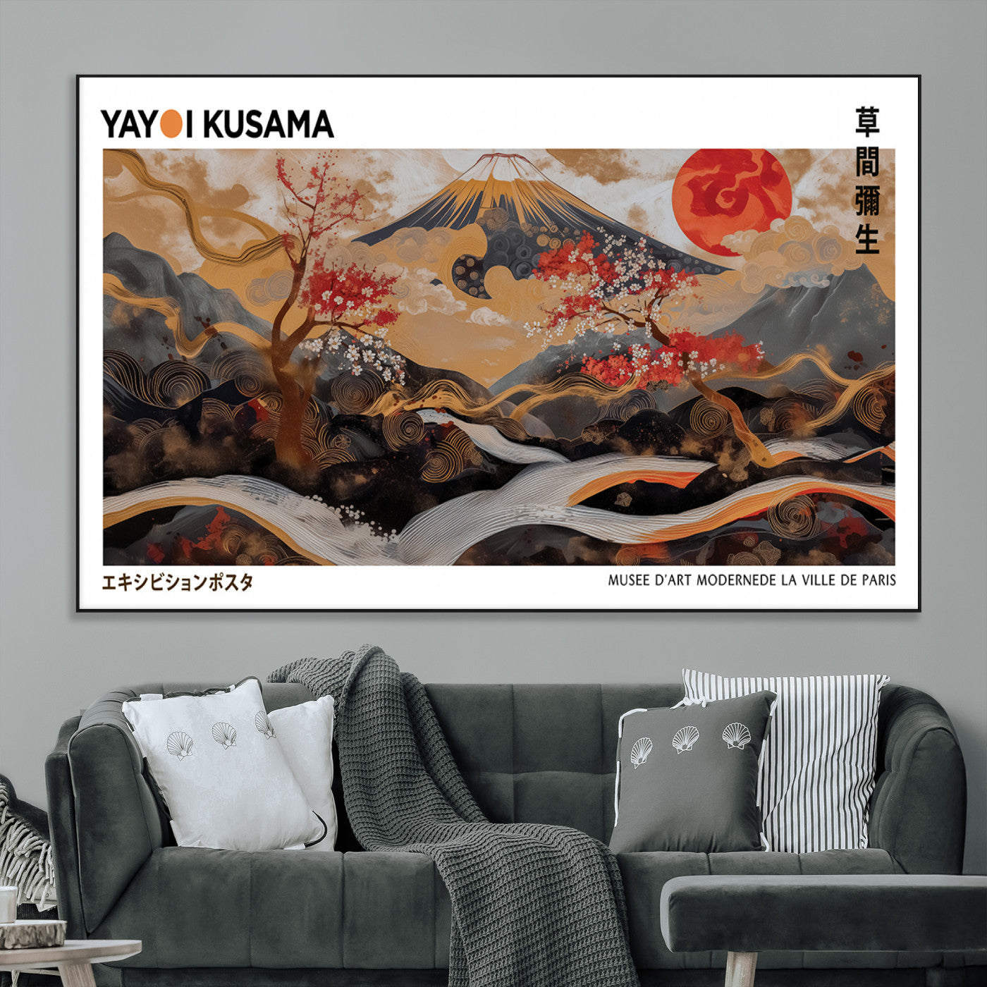 40959107-MGV-CV-36X24-Modern Japanese Wall Art Canvas Print – Framed Abstract Mount Fuji Scene Inspired Yayoi Kusama for Home, Office