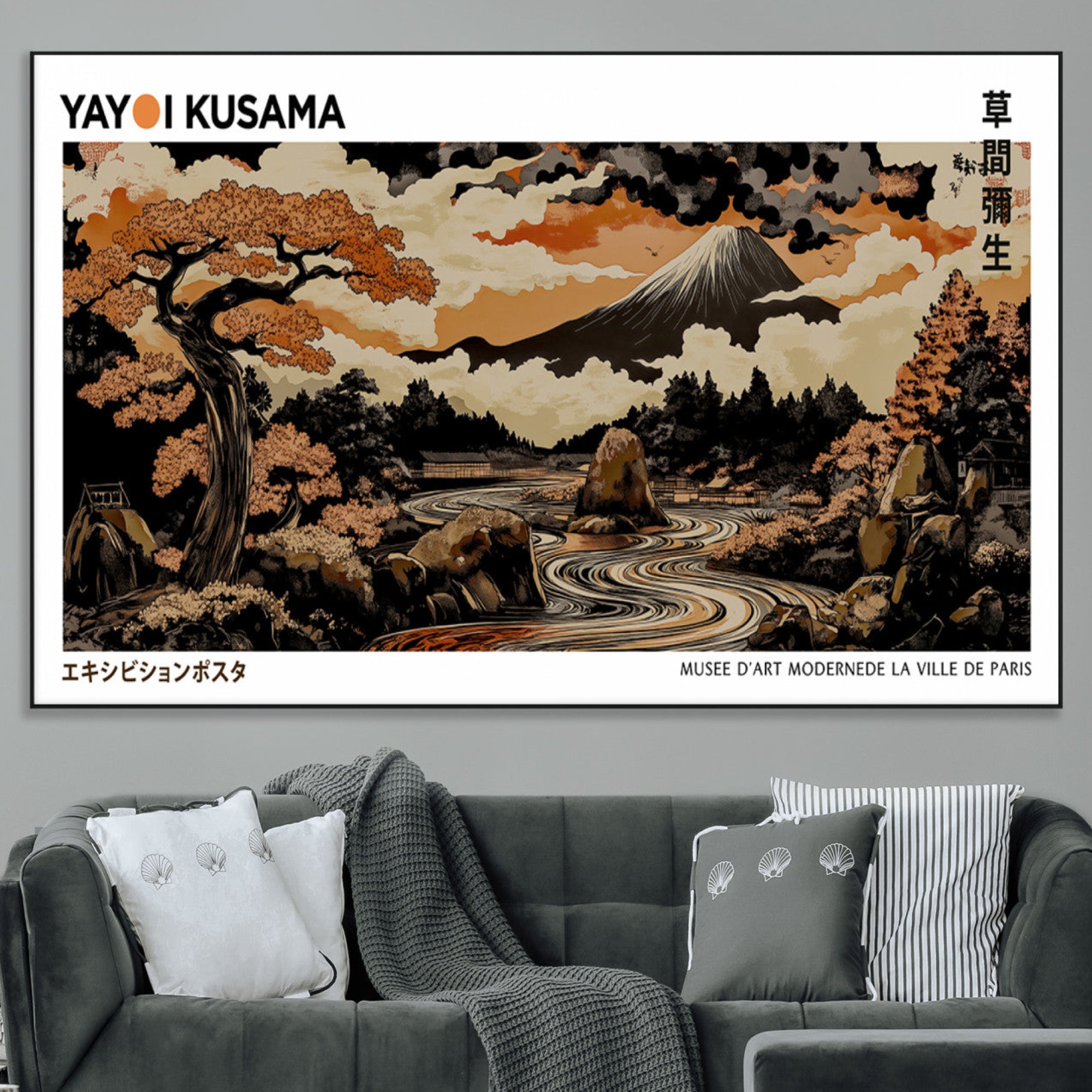 96372548-MGV-CV-36X24-Modern Japanese Wall Art Canvas Print – Framed Abstract Mount Fuji Scene with Yayoi Kusama Style Artwork for Home, Office