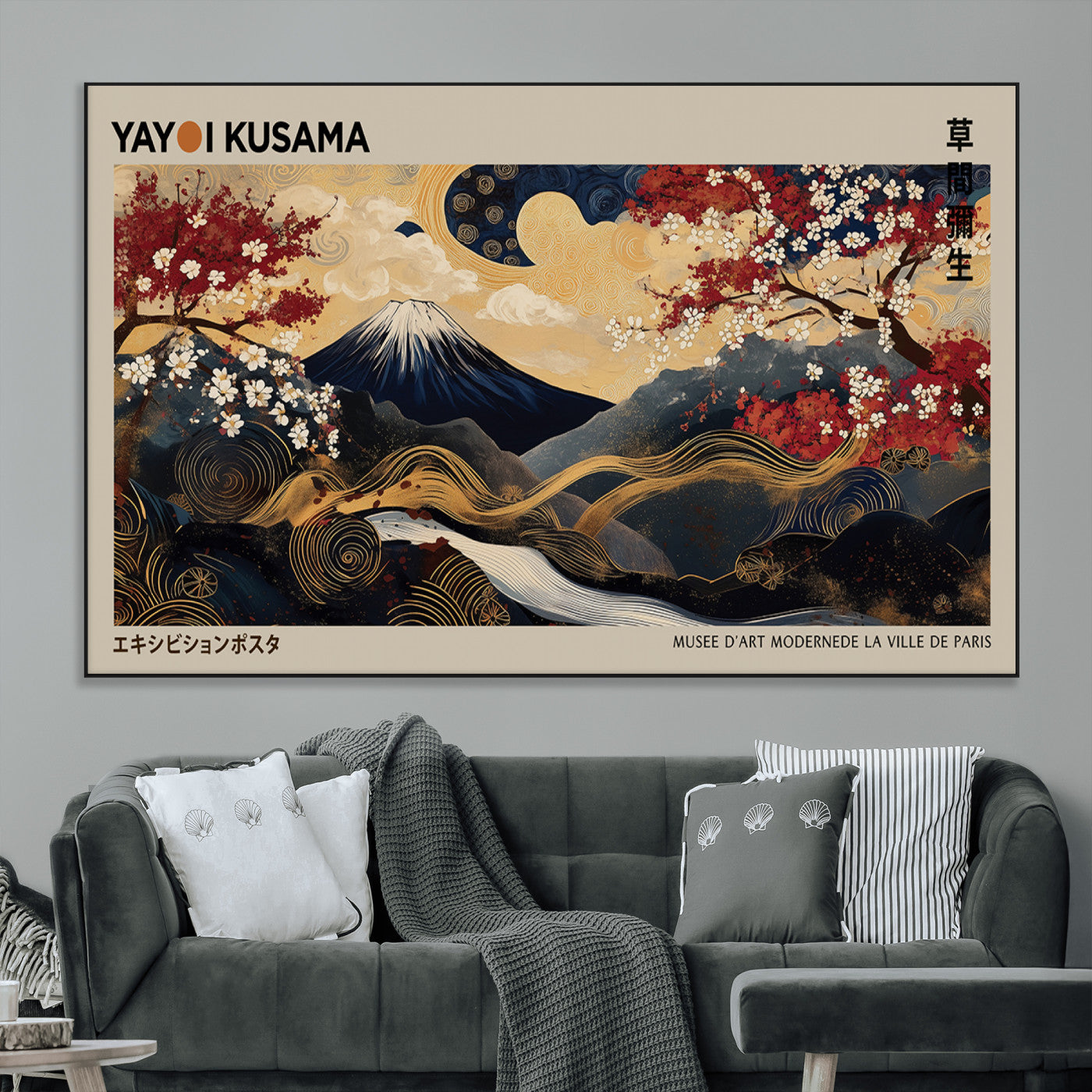 54967195-MGV-CV-36X24-Modern Japanese Wall Art Canvas Print – Framed Abstract Mount Fuji Scene with Yayoi Kusama Japanese Artwork for Home, Office