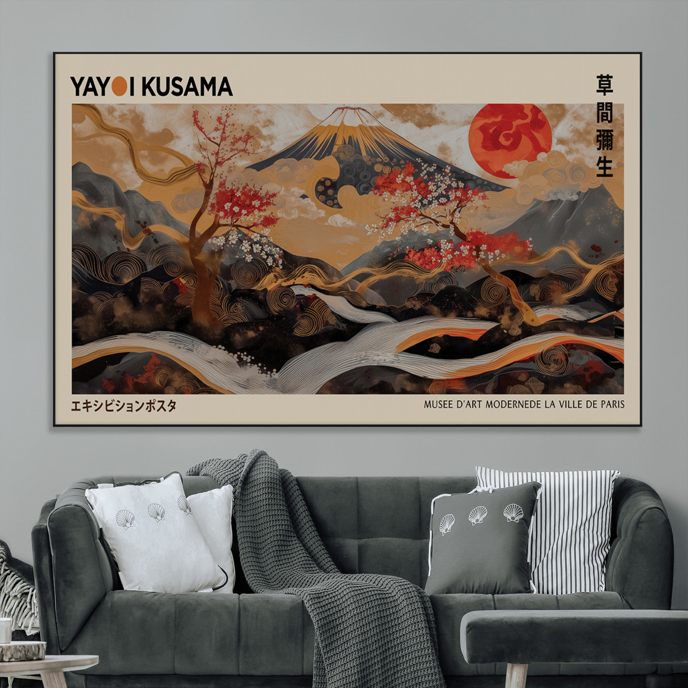 77970791-MGV-CV-36X24-Modern Japanese Wall Art Canvas Print – Framed Abstract Mount Fuji Scene with Yayoi Kusama Artwork for Home, Office