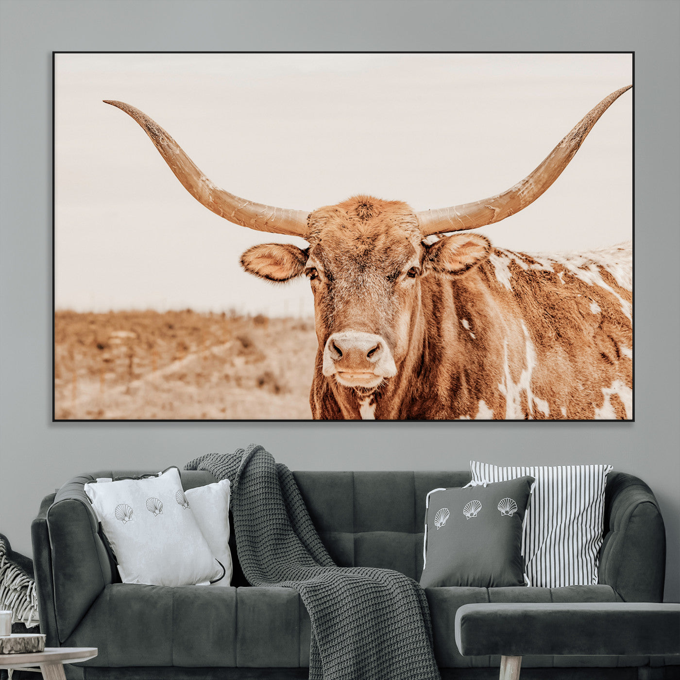 74406977-MGV-CV-36X24-Longhorn Bull Wall Art Canvas Print – Framed Western Cow Rustic Farmhouse Neutral Country Animal Artwork for Home Office