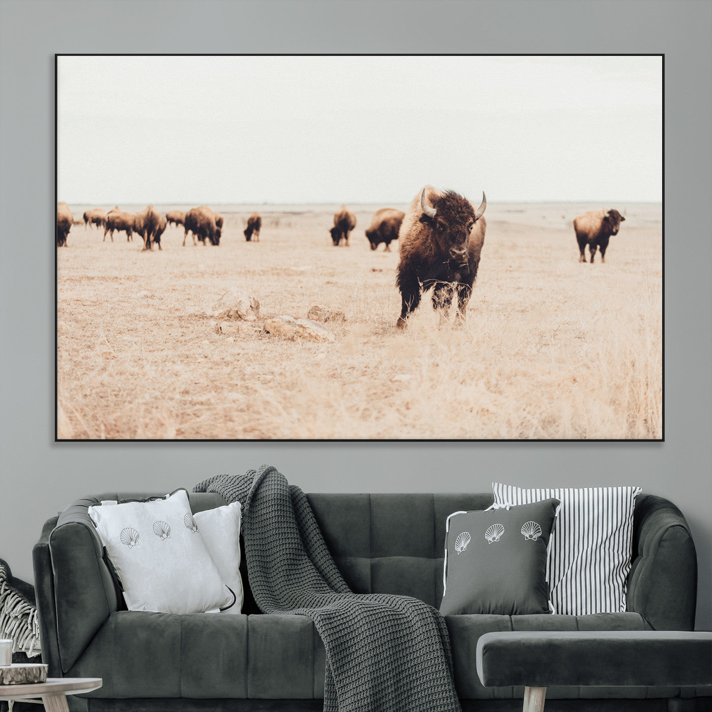 61367865-MGV-CV-36X24-Bison Herd Wall Art Canvas Print – Framed Western Prairie Serenity Ranch Nature Scene Artwork for Home Office