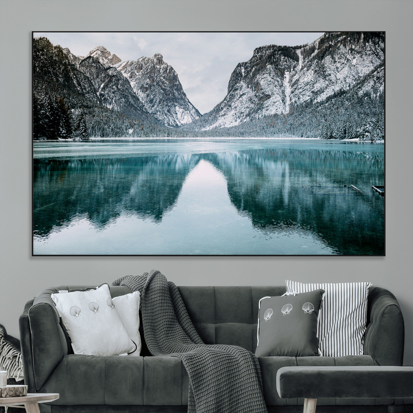 73098373-MGV-CV-36X24-Mountain Lake Wall Art Canvas Print – Framed Snowy Peaks Wonderland Nature Scene Artwork for Home Office