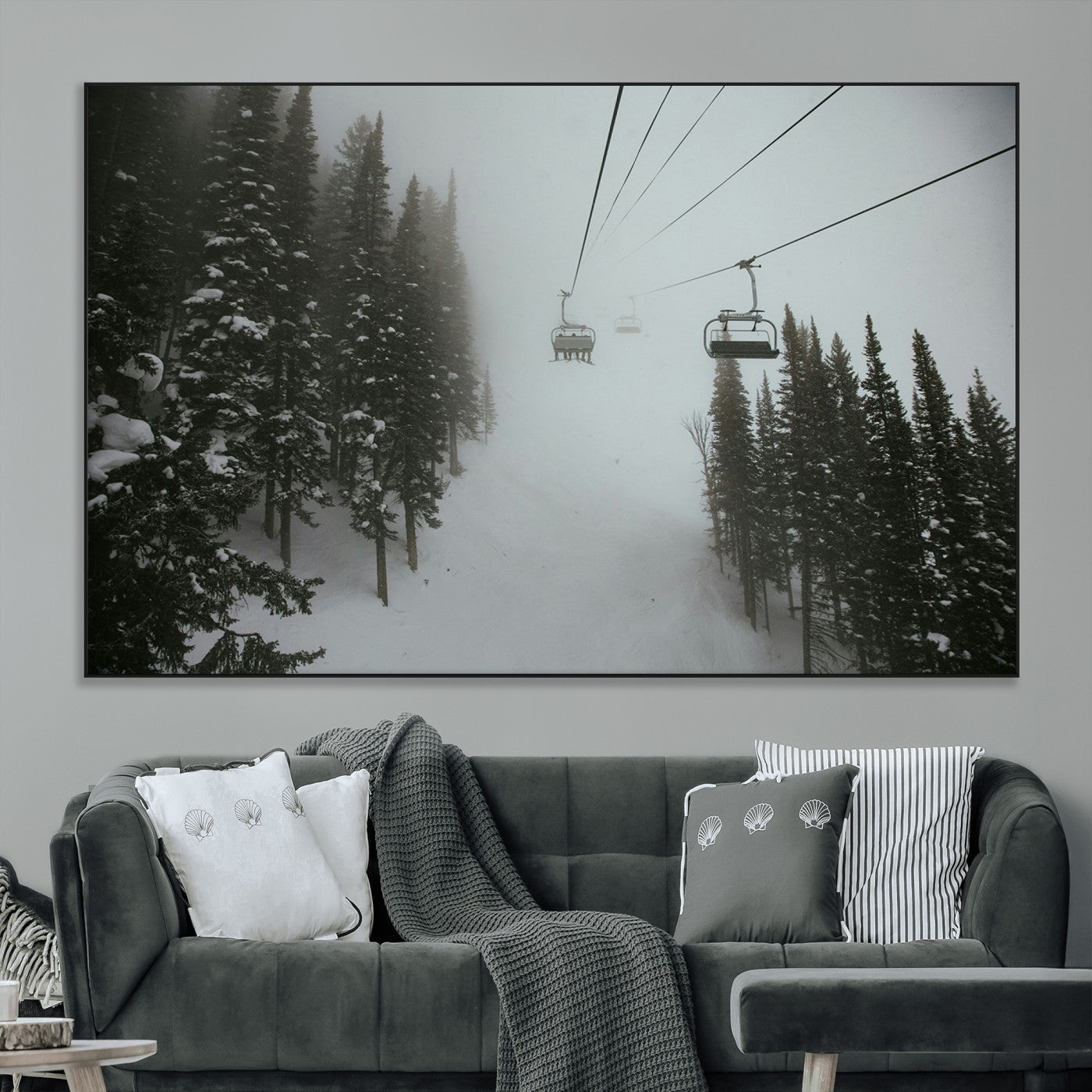 87018452-MGV-CV-36X24-Ski Lift Wall Art Canvas Print – Snowy Pines Misty Landscape Winter Serenity Artwork for Home, Office Decor