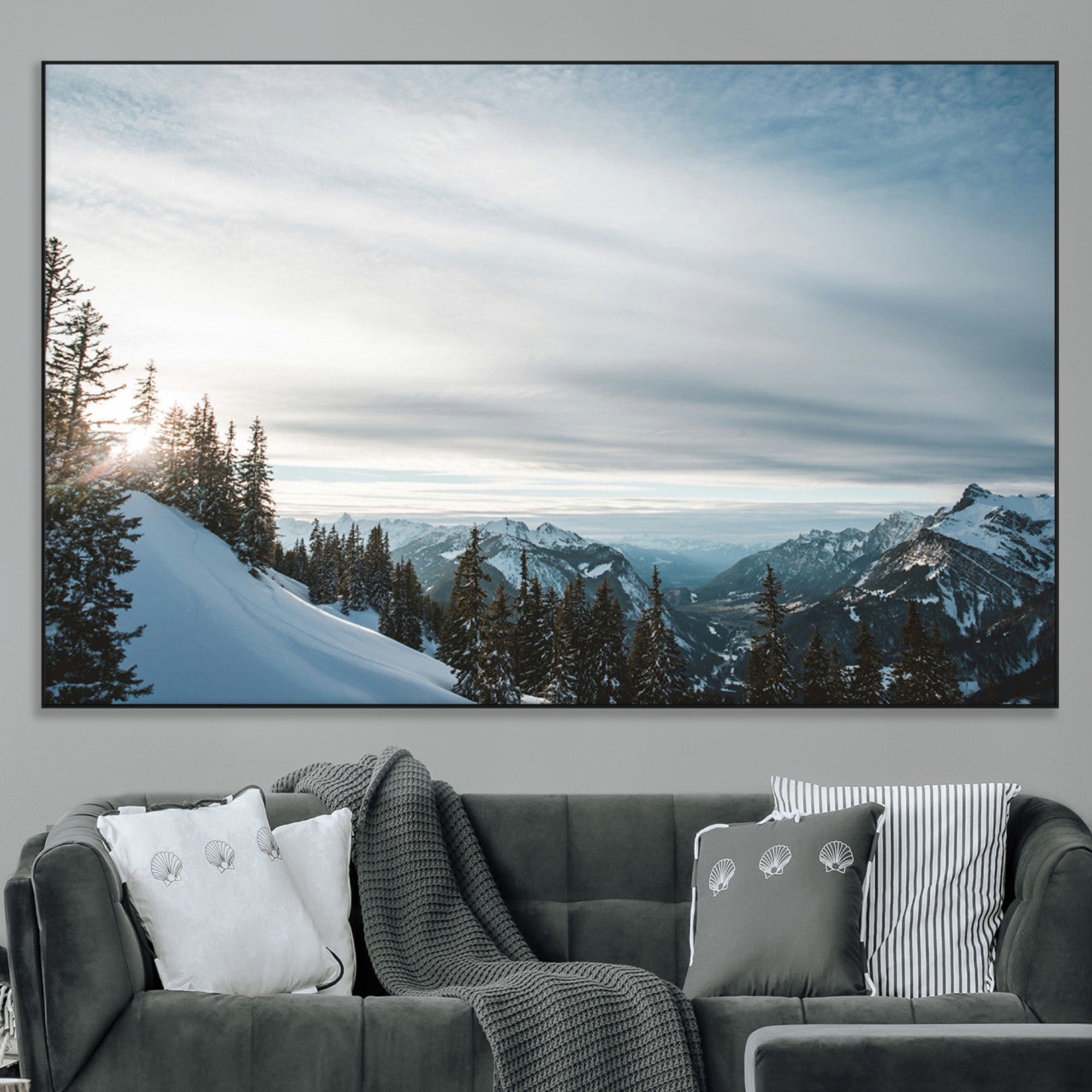 55564749-MGV-CV-36X24-Snowy Mountains Wall Art Canvas Print – Framed Alpine Landscape Frosty Peaks Nordic Minimalist Nature Artwork for Home, Office