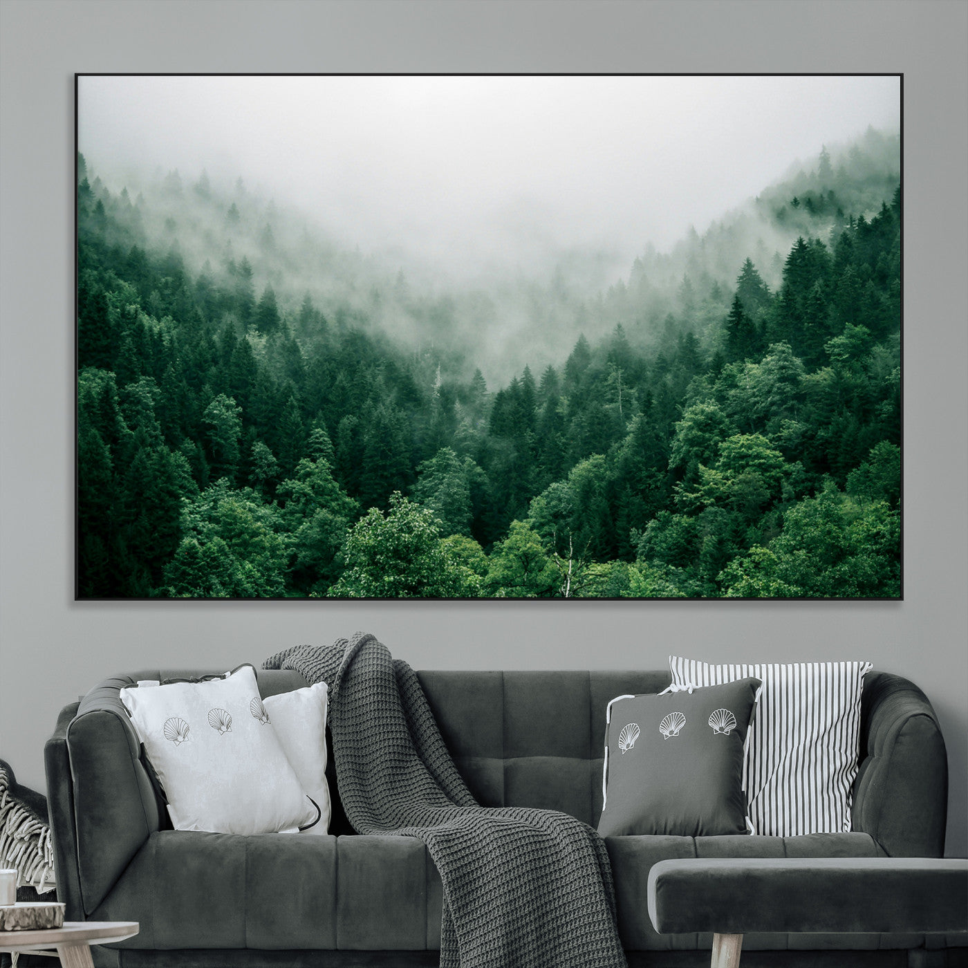 SEG-FC-51X34_Oversize - Misty Green Forest Canvas Print – Serene Foggy Pine Landscape Wall Art, Tranquil Nature Decor for