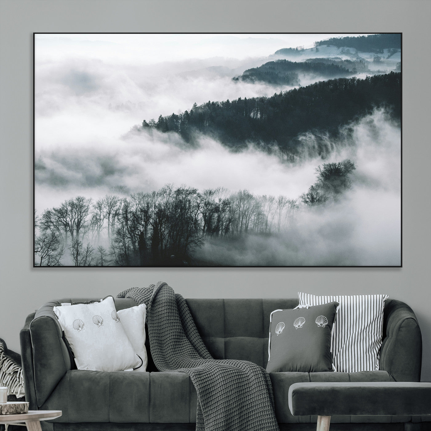 67569654-MGV-CV-36X24-Foggy Forest Landscape Wall Art Canvas Print – Misty Mountain Valley Scene Monochrome Tones Nature Artwork for Home Office