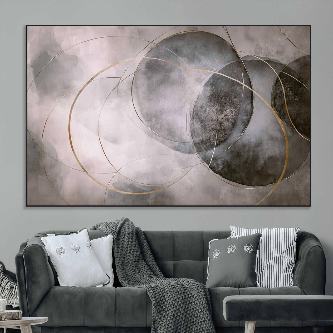 20066876-MGV-CV-36X24-Abstract Grey Gold Circle Wall Art – Modern Geometric Canvas Artwork, Minimal Elegant Design, Luxury Wall Decor for Home, Office
