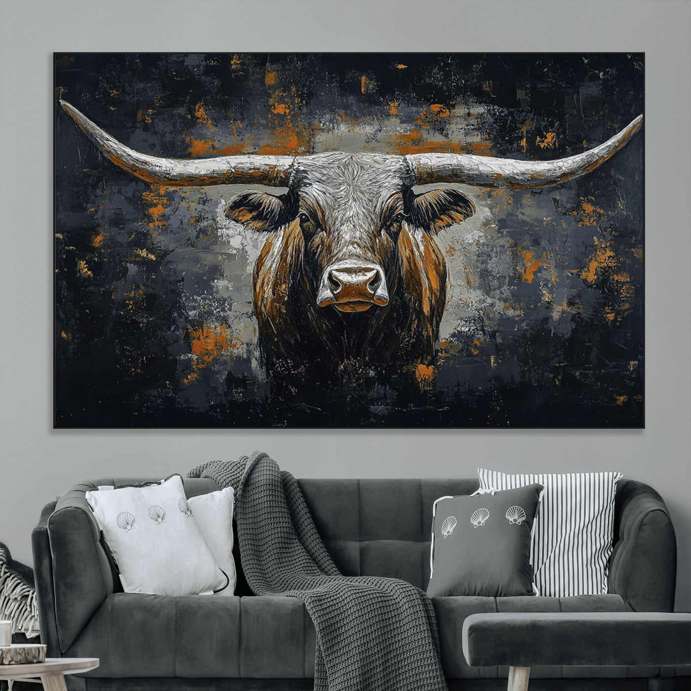 93195031-MGV-CV-36X24-Rustic Longhorn Bull Wall Art Canvas Print – Vintage Western Cattle Scene, Texas Steer Artwork for Home, Office
