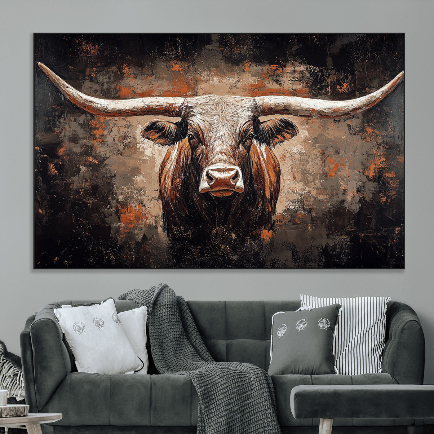 24779067-MGV-CV-36X24-Rustic Longhorn Bull Wall Art Canvas Print – Vintage Western Cattle Scene, Texas Steer Artwork for Home, Office
