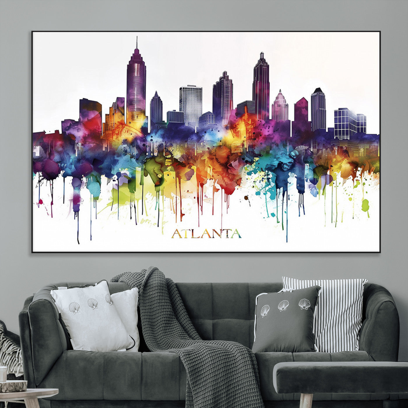 36048320-MGV-CV-36X24-Atlanta Skyline Wall Art Canvas Print – Framed Colorful Watercolor Cityscape Abstract Urban Artwork for Home, Office