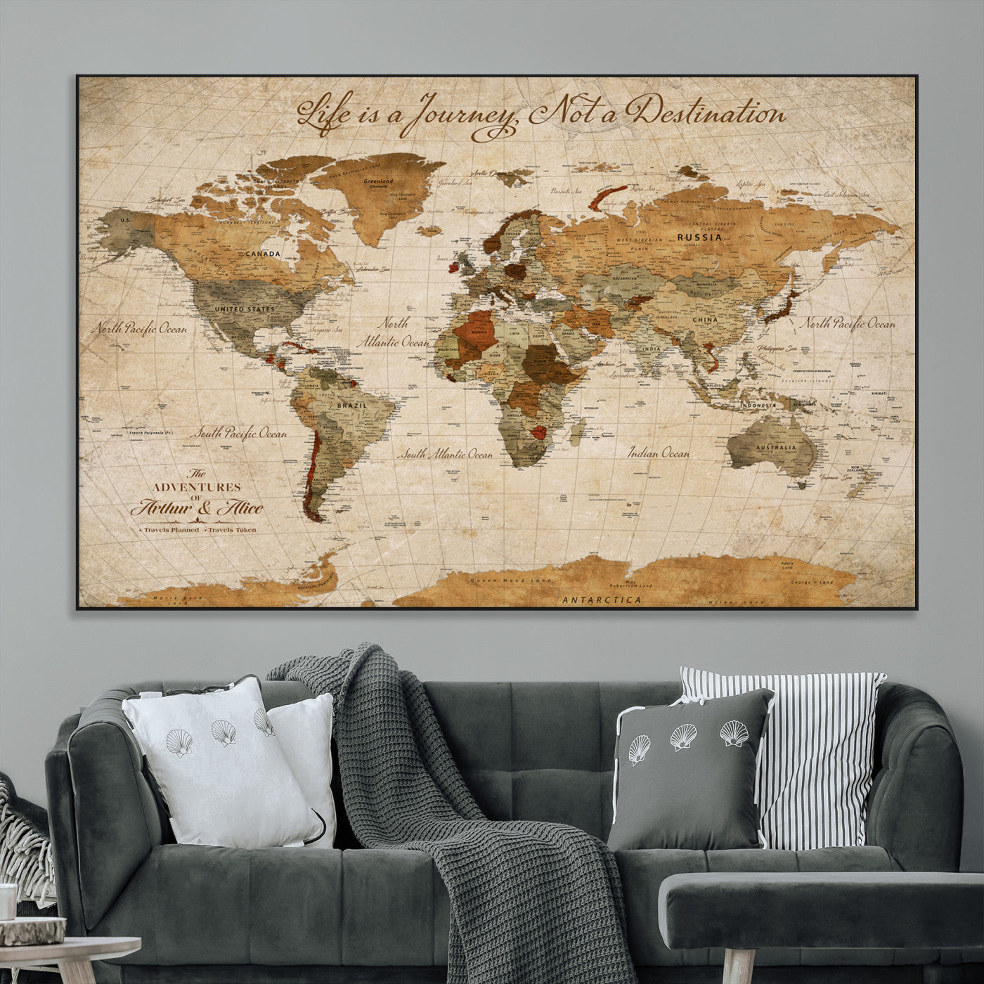 79036691-MGV-CV-36X24-Personalized World Map Canvas Wall Art – Custom Framed Push Pin Travel Tracker Print, Unique Gift for Home or Office Decor