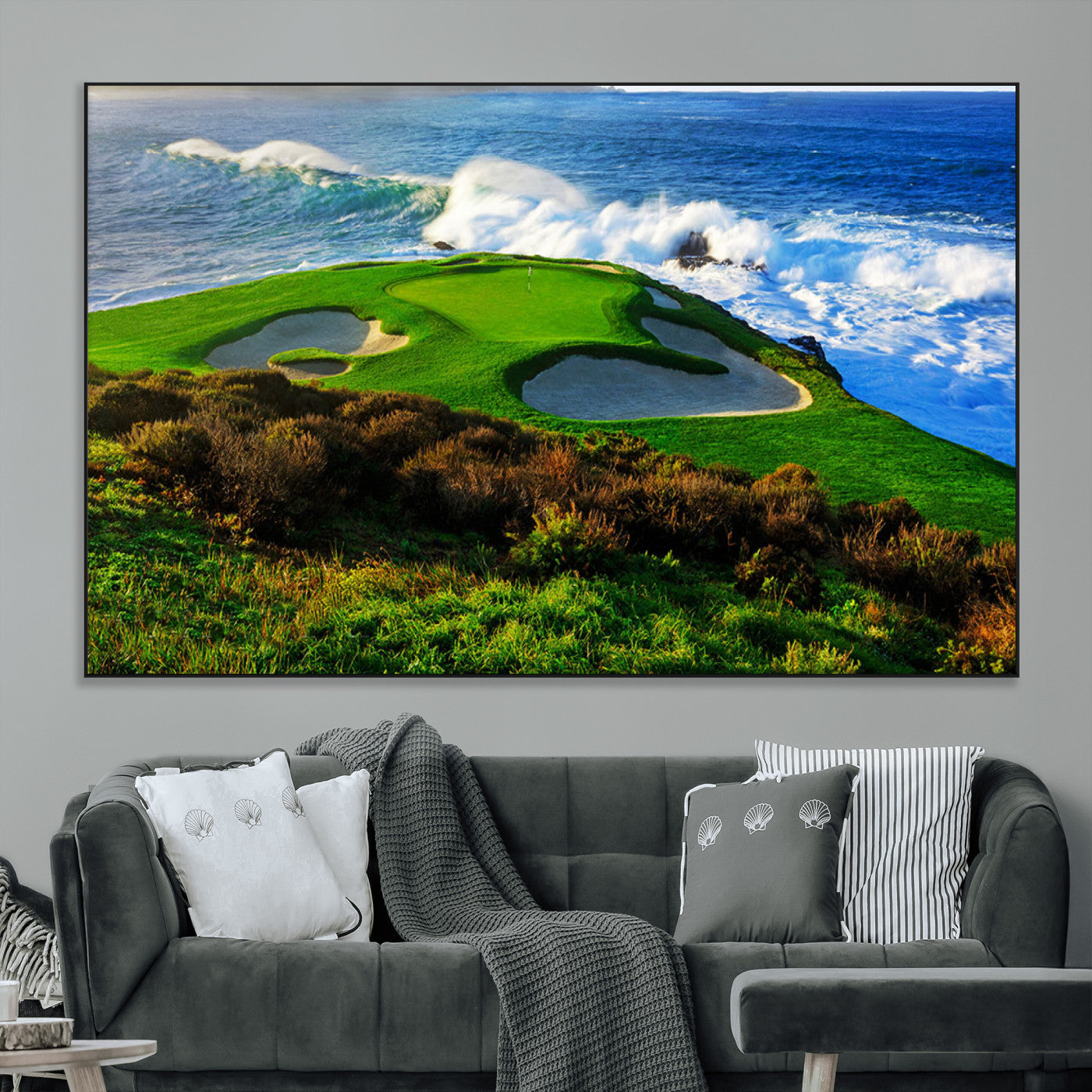 34181847-MGV-CV-36X24-Coastal Golf Course Wall Art Canvas Print – Vibrant Green with Sand Bunkers Overlooking Ocean Waves Artwork for Home, Office