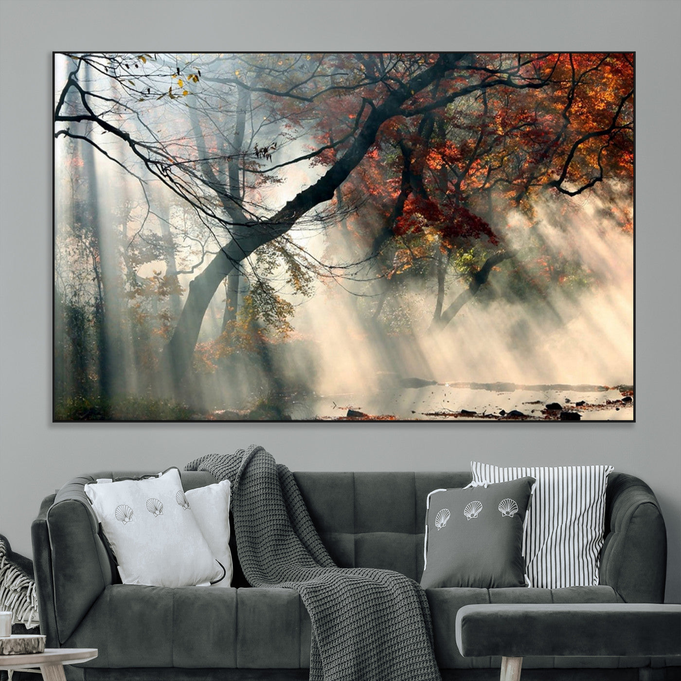 36043878-MGV-CV-36X24-Sunlit Autumn Forest Wall Art Canvas Print – Framed Mist Trees Scene with Peaceful Rays Artwork for Home, Office