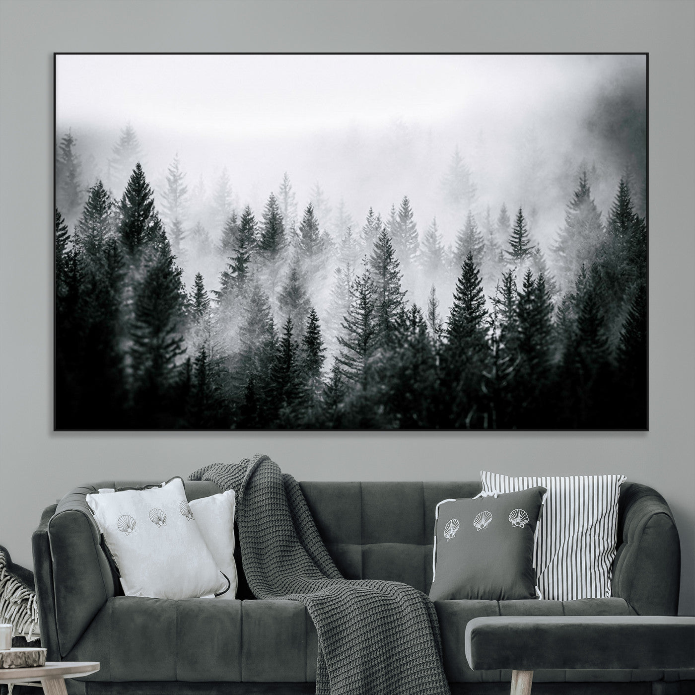 SEG-FC-51X34_Oversize - Foggy Pine Forest Canvas Wall Art – Black and White Nature Landscape Print, Horizontal Canvas for