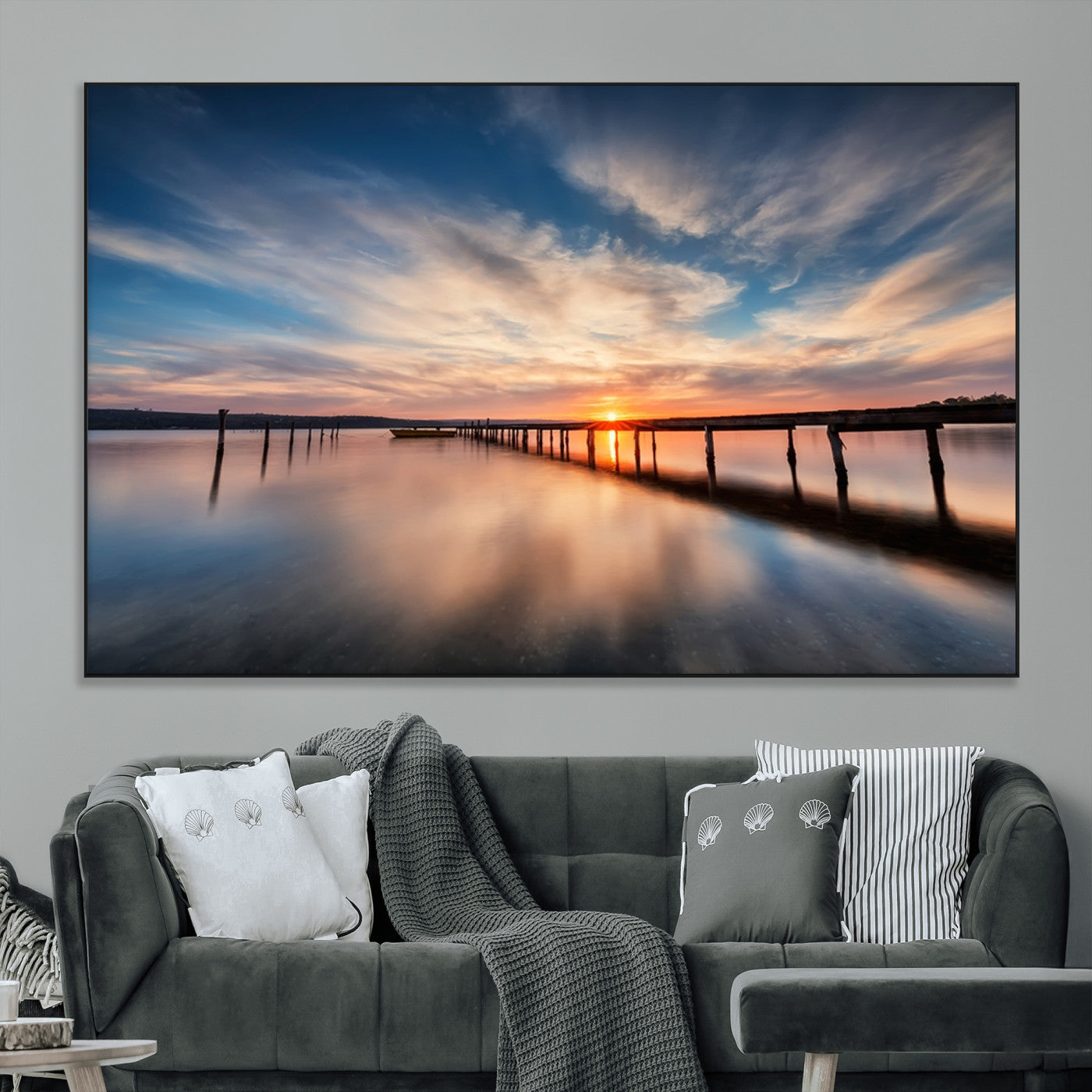 39967-MGV-CV-36X24-Wooden Pier on Seascape and Sunset Wall Art Canvas Print