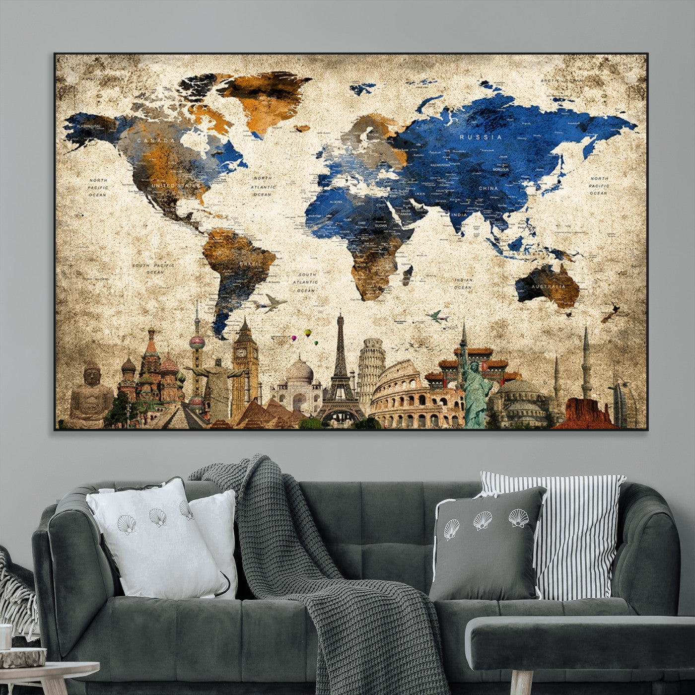 20261-MGV-CV-36X24-World Map Canvas Print – Vintage Blue and Gold World Map Wall Art, Framed Travel Inspired Decor for Living Room or Office