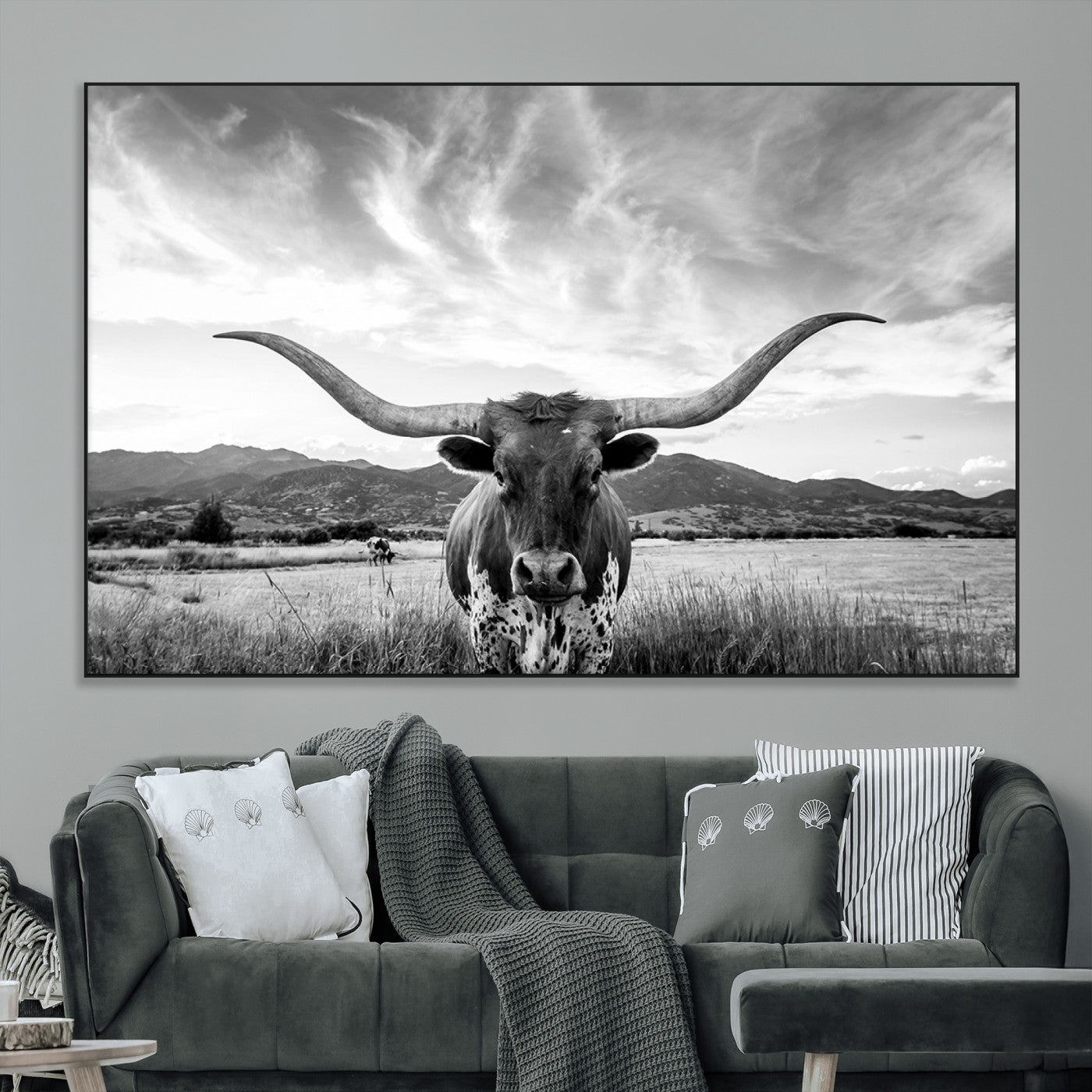 79527-MGV-CV-36X24-Longhorn Black and White Wall Art – Rustic Western Bull Canvas Print, Farmhouse Country Decor for Living Room, Office or Ranch, Cowboy Wall Artwork