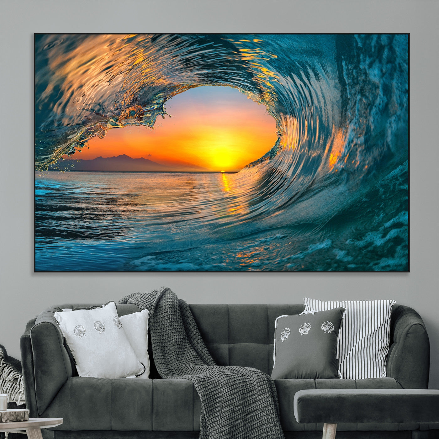84279-MGV-CV-36X24-Ocean Wave Sunset Wall Art | Large Coastal Wave Canvas Print | 3-Panel Ocean Sunset Seascape for