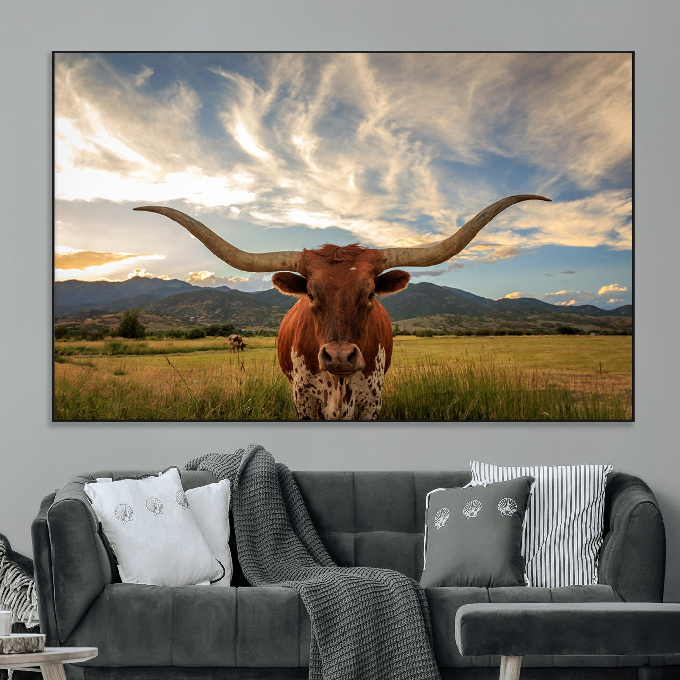 55416-MGV-CV-36X24-Texas Longhorn Canvas Wall Art – Majestic Triptych Animal Print – Rustic Western Decor for Living