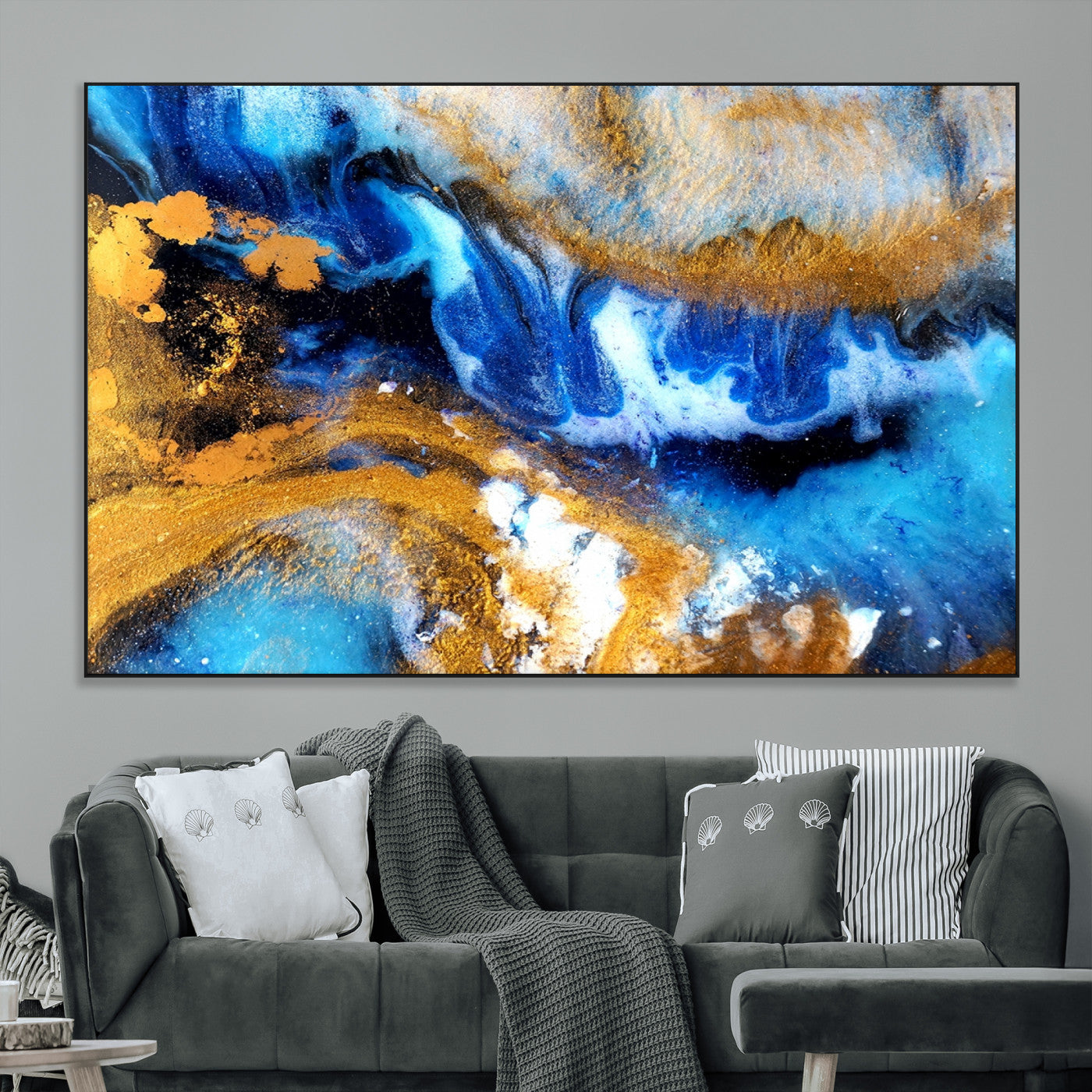 42100-MGV-CV-36X24-Blue Orange Marble Fluid Effect Canvas Wall Art Print