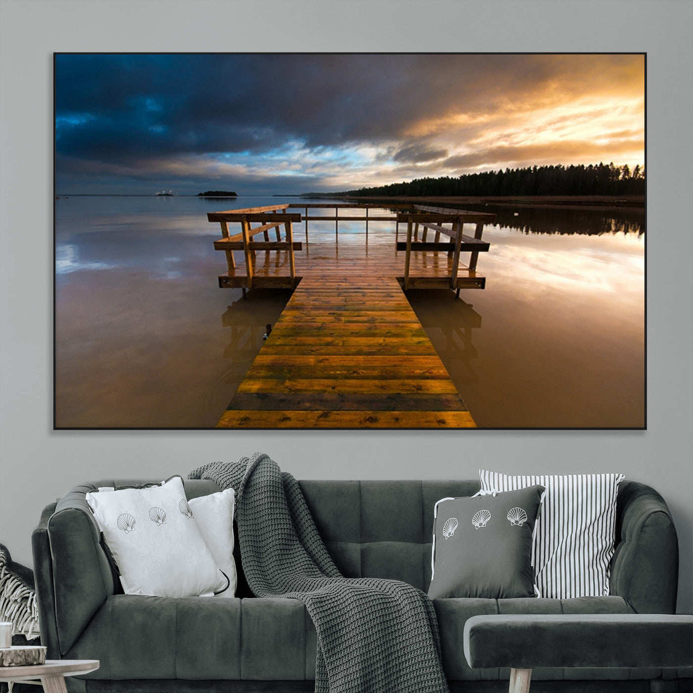 -Serene Lake Pier at Sunset Canvas Print | Landscape Canvas Print | Ready to Hang and Framed Wall Art