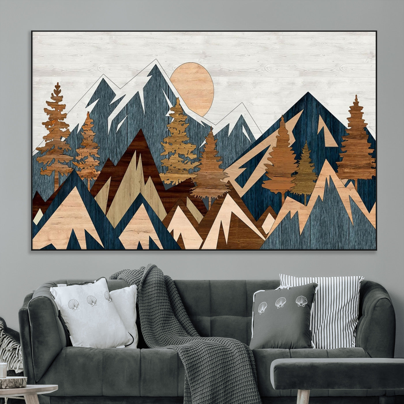91467-MGV-CV-36X24-Abstract Wood Panel Effect Mountain Range Top Wall Art Canvas Print