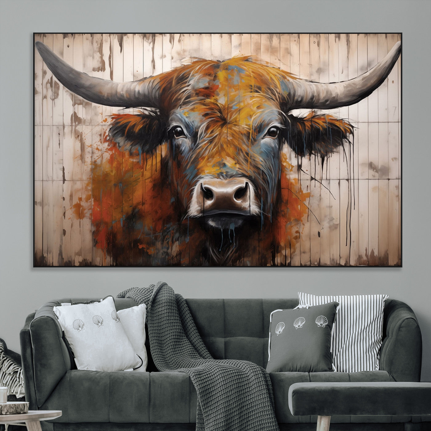 47284-MGV-CV-36X24-Abstract Bull Highland Cow Canvas Wall Art Print – Vibrant Rustic Charm in Modern Farmhouse Decor –