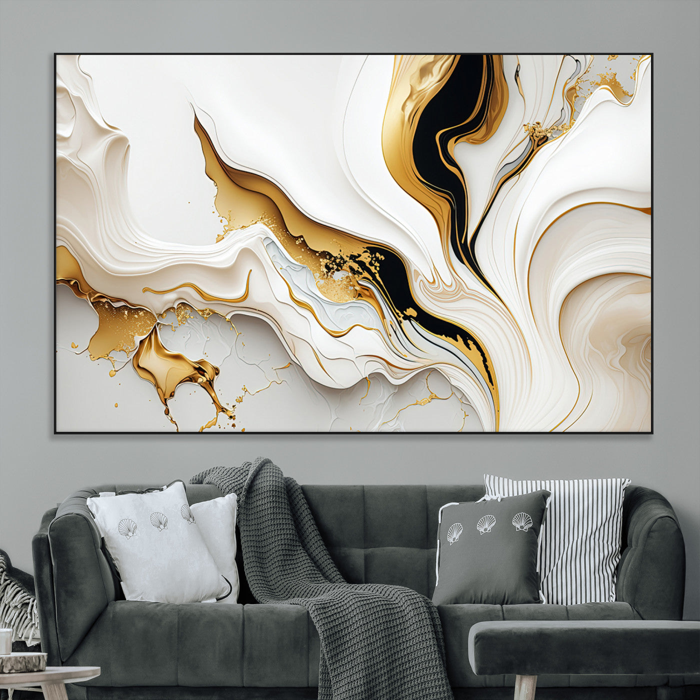 98637-MGV-CV-36X24-Gold Waves on Pure White Canvas – Gold Abstract Art for Modern Interiors | Wall Art Canvas, Framed &