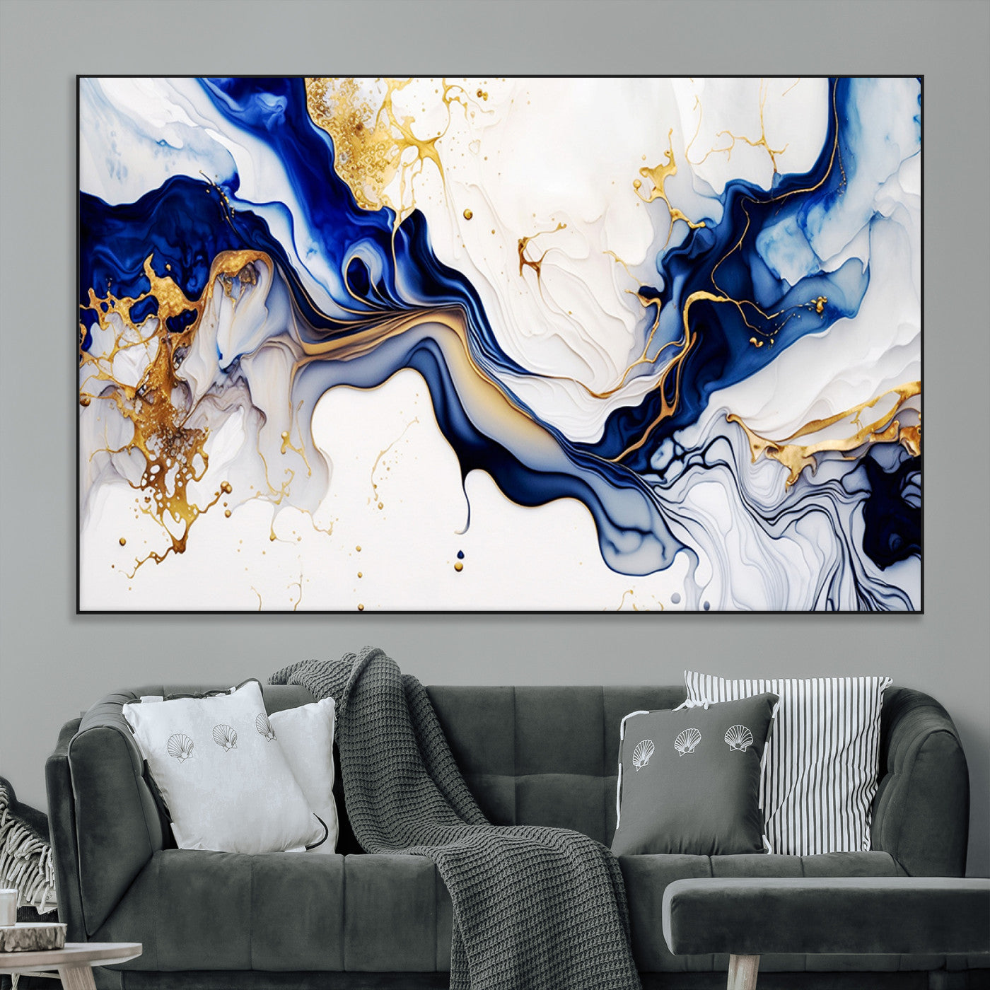93392-MGV-CV-36X24-Golden Cascades on Midnight Blue – Deep Blue Abstract Wall Art Flowing Elegance | Wall Art Canvas,