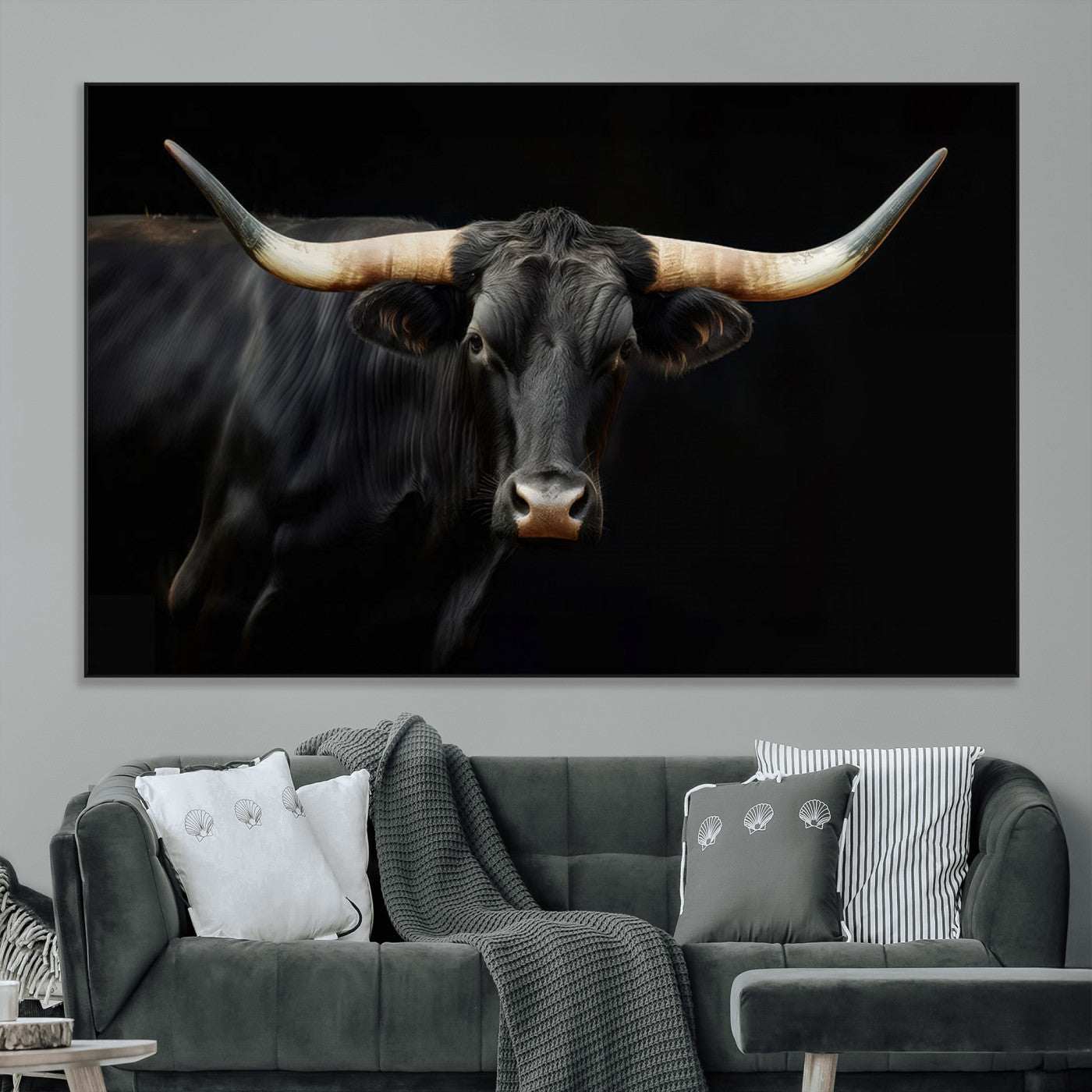 -Black Bull Wall Art – Majestic Longhorn Canvas Print with Dark Background, Rustic Western Farmhouse Decor for Living Room or Office