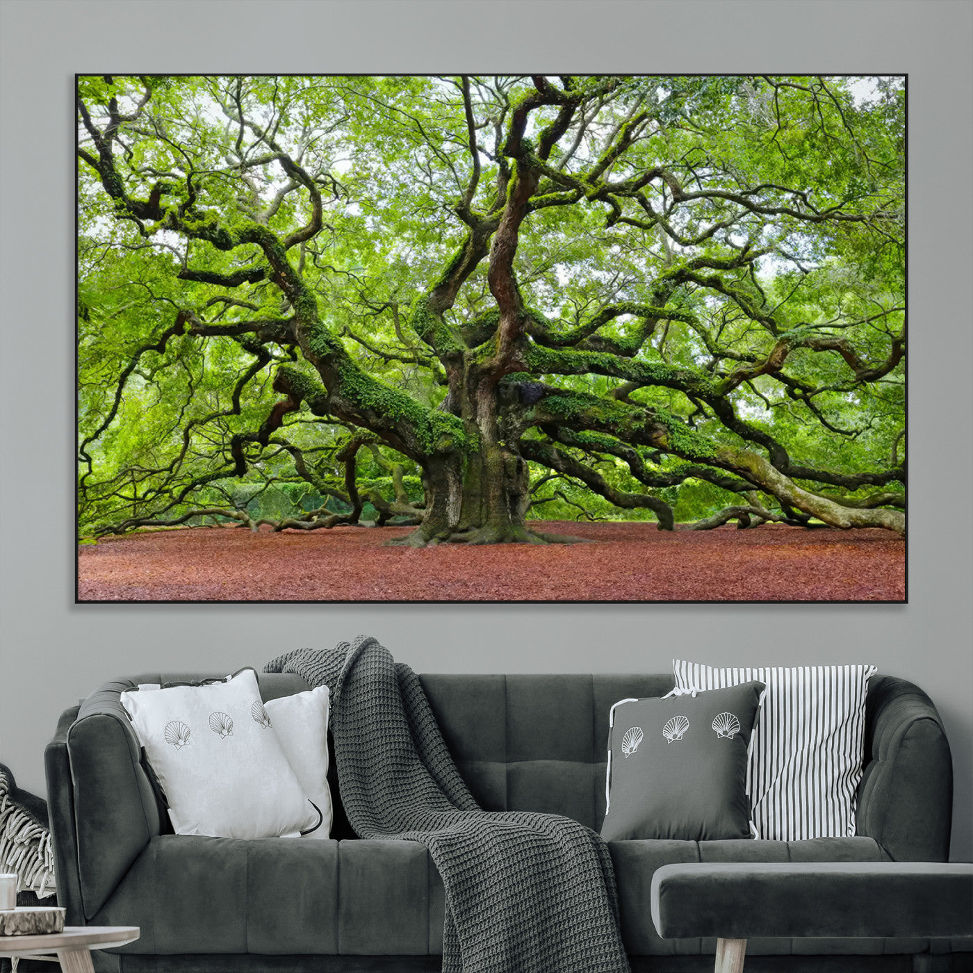 40313-MGV-CV-36X24-Framed Angel Oak Tree Wall Art - 3-Panel Canvas Prints, Large Green Nature Artwork, Ready to Hang