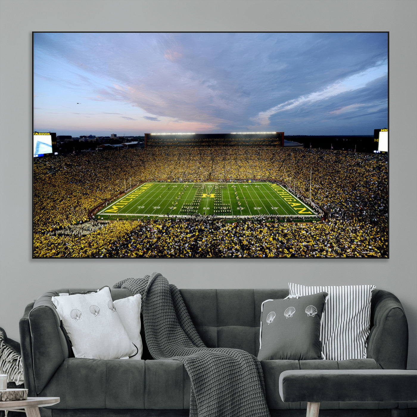 82641-MGV-CV-36X24-Michigan Stadium Wall Art Canvas Print – Framed Football Field Scene with Marching Band Artwork for Home, Office