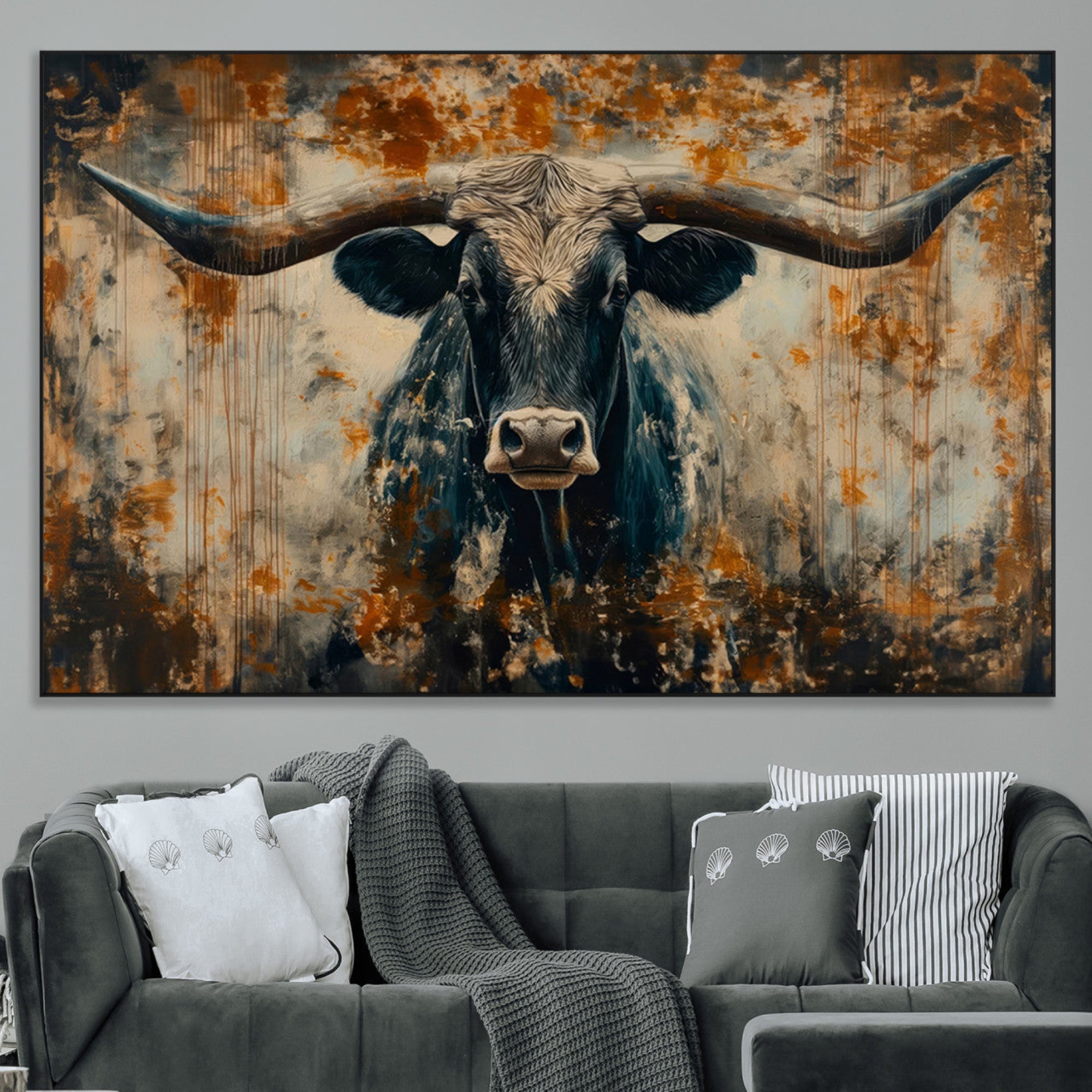 85913-MGV-CV-36X24-Longhorn Wall Art – Rustic Western Bull Canvas Print, Modern Farmhouse Animal Decor for Living Room, Office, or Ranch House