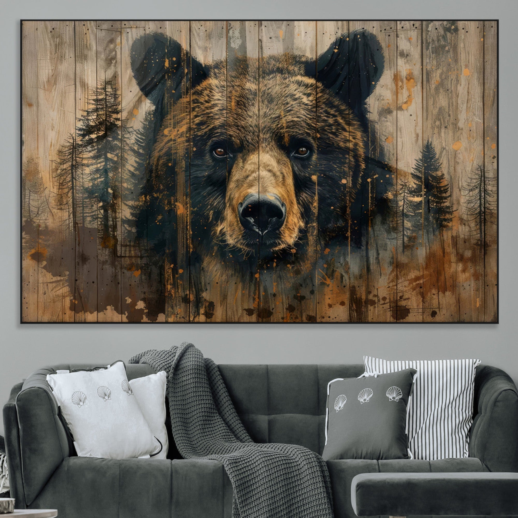 51373-MGV-CV-36X24-Abstract 399 Bear Wall Art | Rustic Cabin Wall Decor with Forest Design | Framed and Ready to Hang |