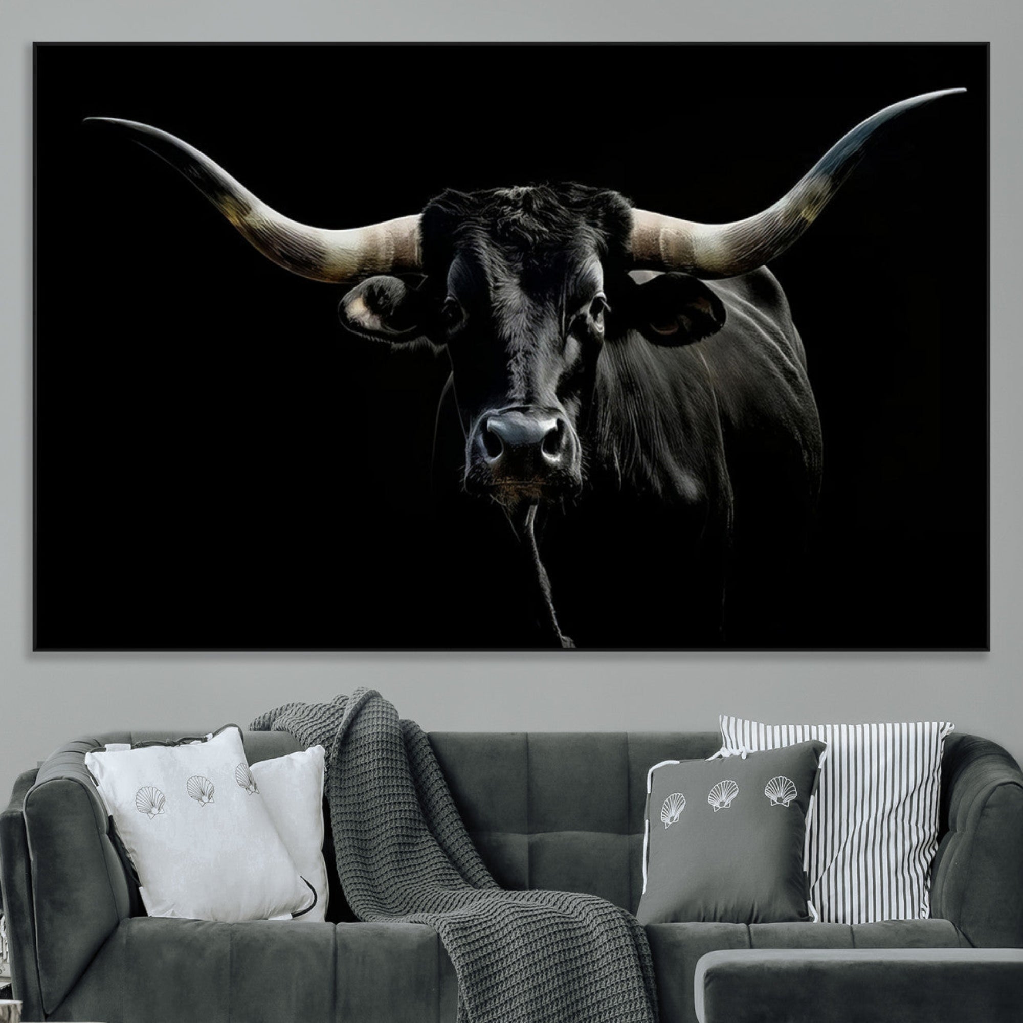 20679-MGV-CV-36X24-Texas Black Longhorn Bull Wall Art Canvas Print - Western Texas Cattle Rustic Decor Print - Longhorn